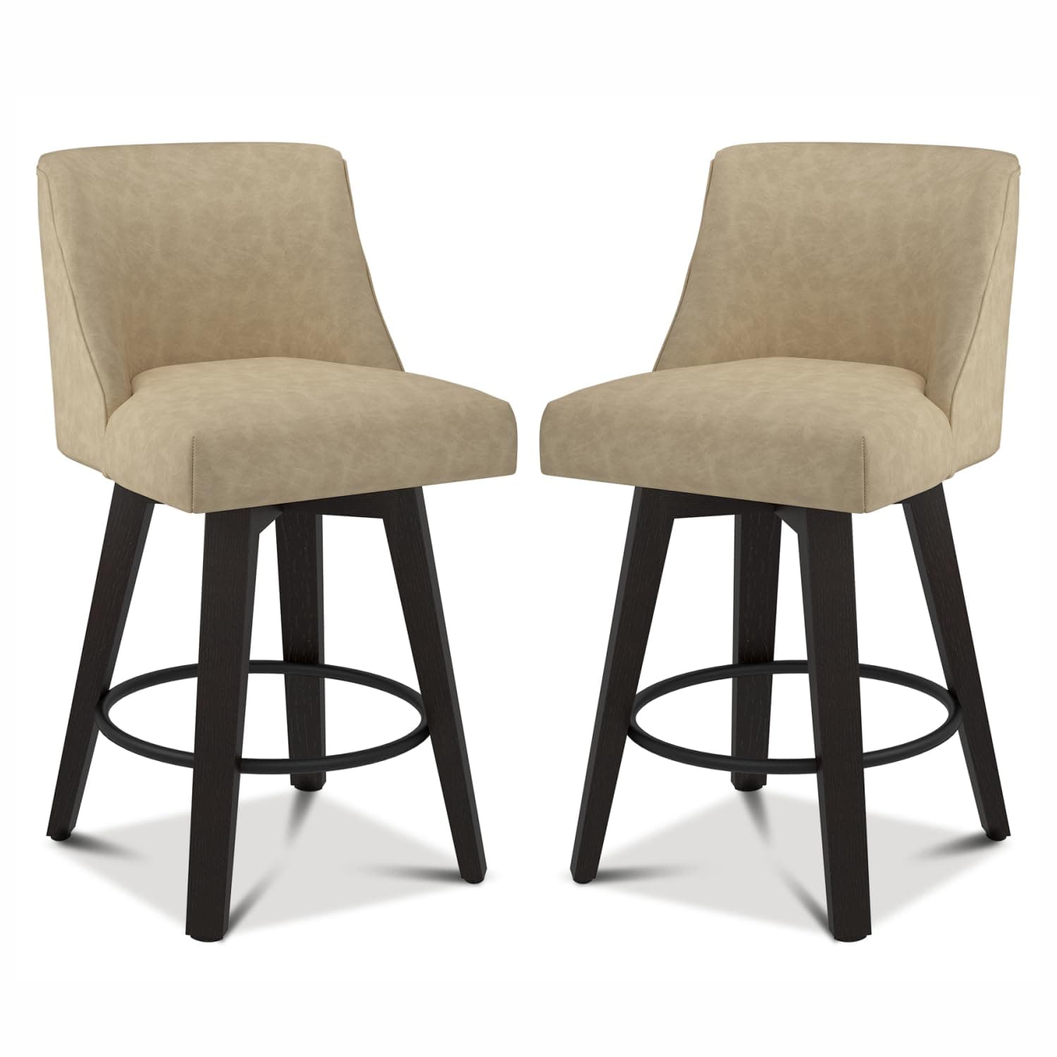 Counter Height Bar Stools Set of 2 with Swivel and Back, 26In Height, Solid Wood Stand, Fabric Upholstered, Thicken Cushion Back, Tan Brown