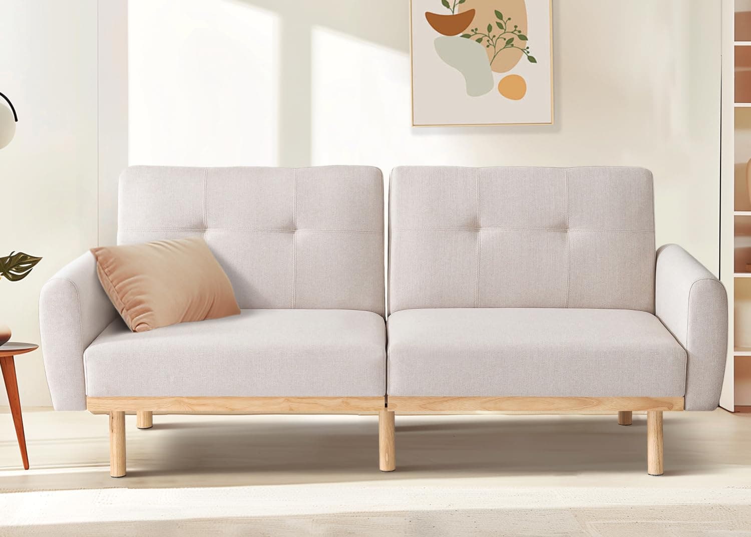 MUUEGM Convertible Sofa Bed with Removable Armrest, White Futon, Splitback Loveseat