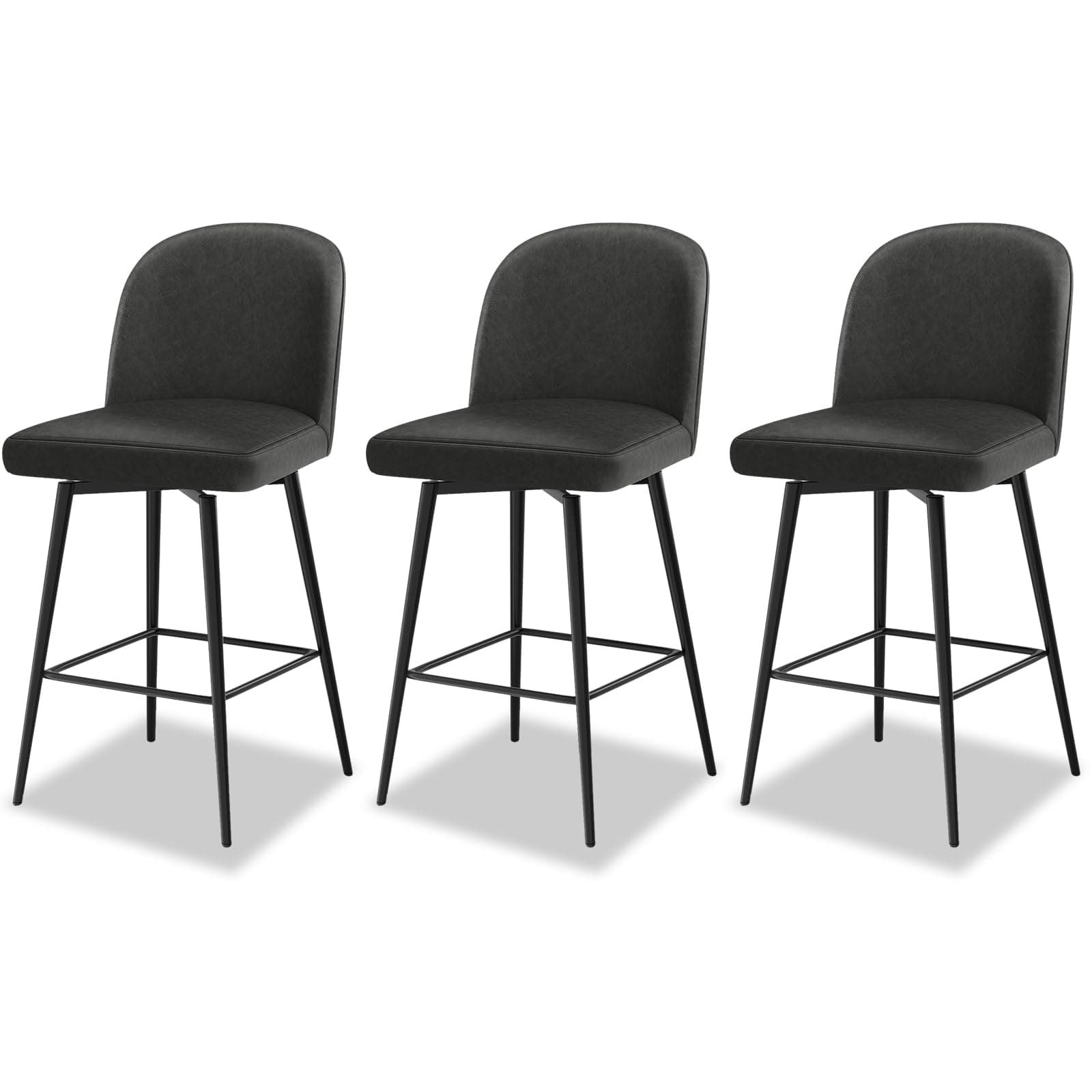 Set of 3 Counter Height Swivel Bar Stools with Backs and Footrest, Black