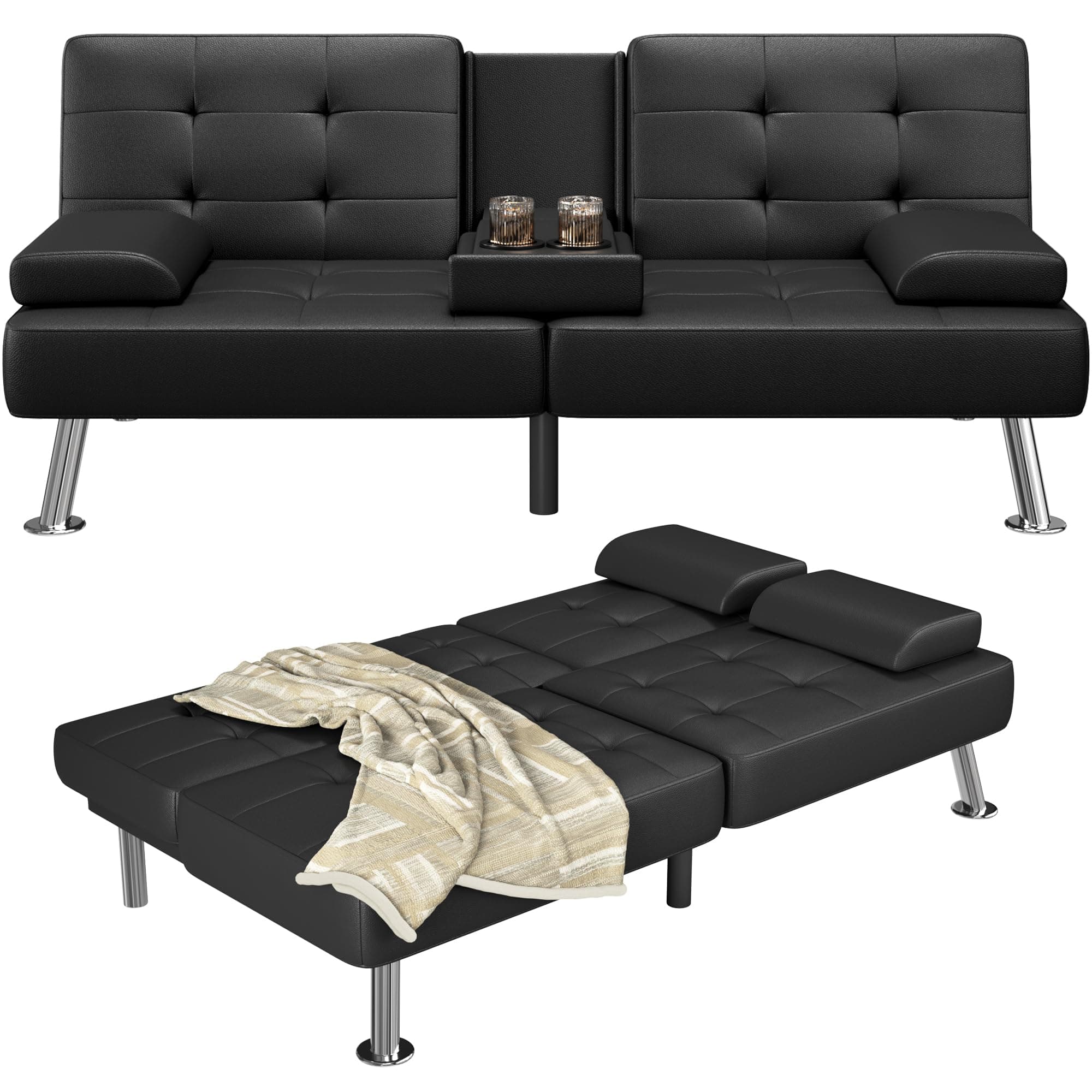 Furmax Black PU Leather Recliner Futon Couch Bed for Living Room
