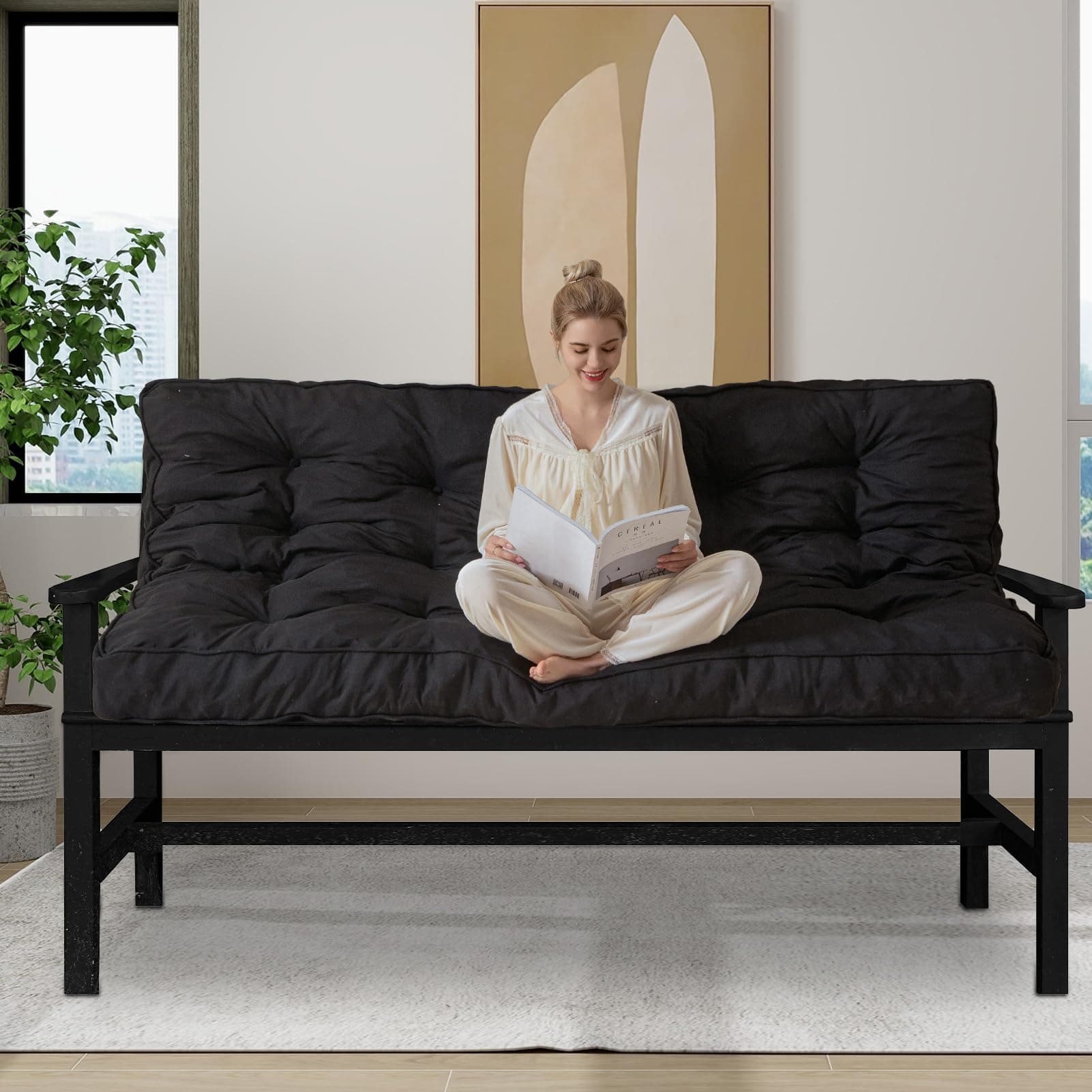 YOSHOOT 6 Inch Thick Full Size Futon Mattress, Shredded Foam, Medium Firm, Black(54"x75")