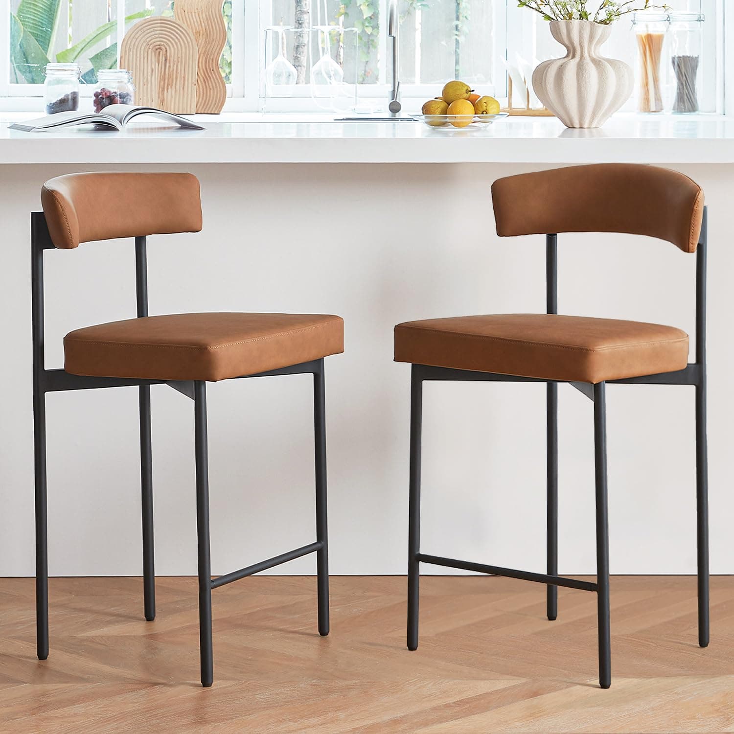 Modern Brown Faux Leather Bar Stool Set, 24 Inch Curved Back, Kitchen Island Counter Height