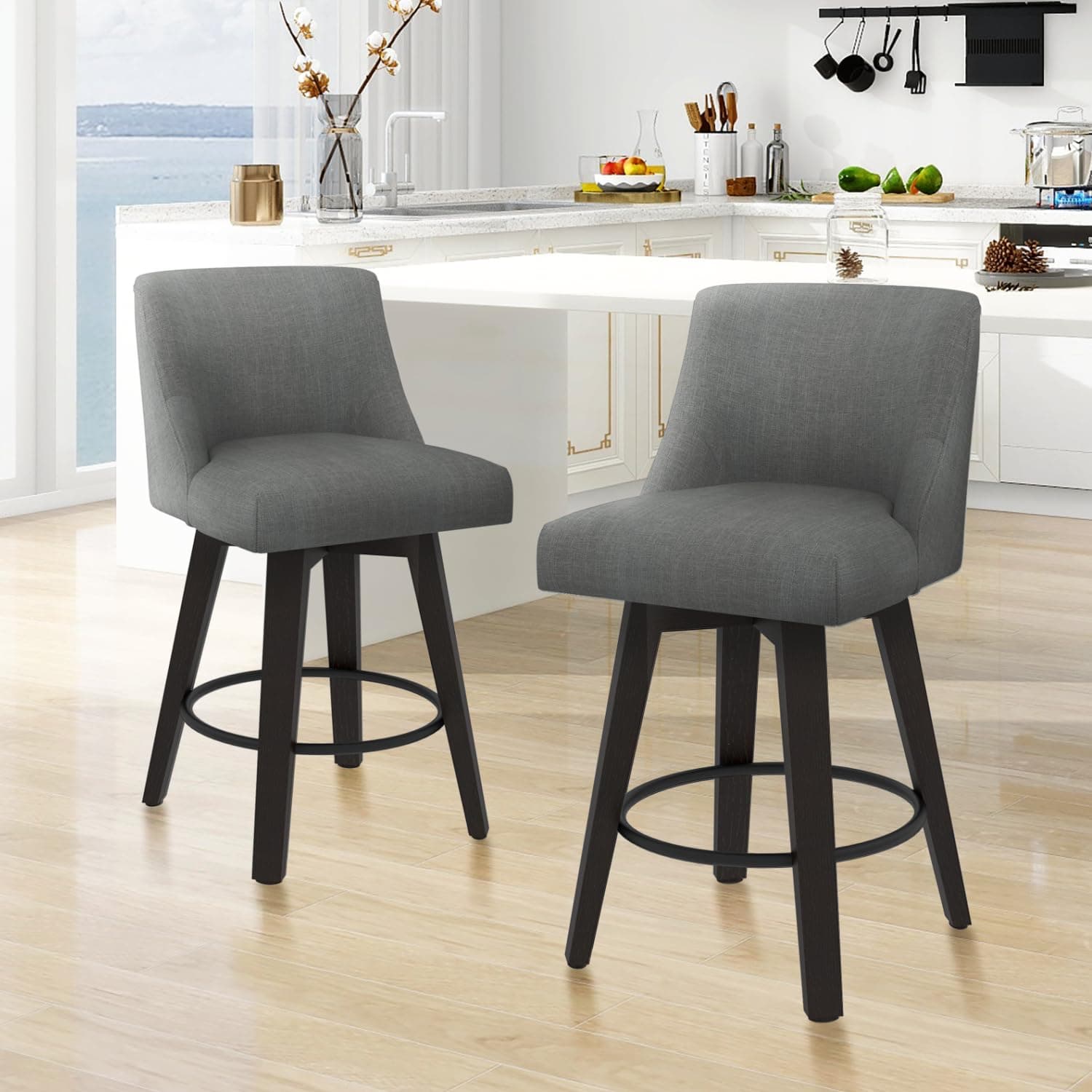 360° Swivel Counter Barstools, Performance Fabric Upholstered Stools - Set of 2