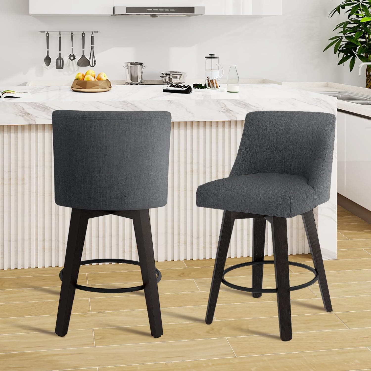 MUUEGM Set of 2 360° Swivel Bar Stools, 26 Height, Dark Grey Fabric Upholstered