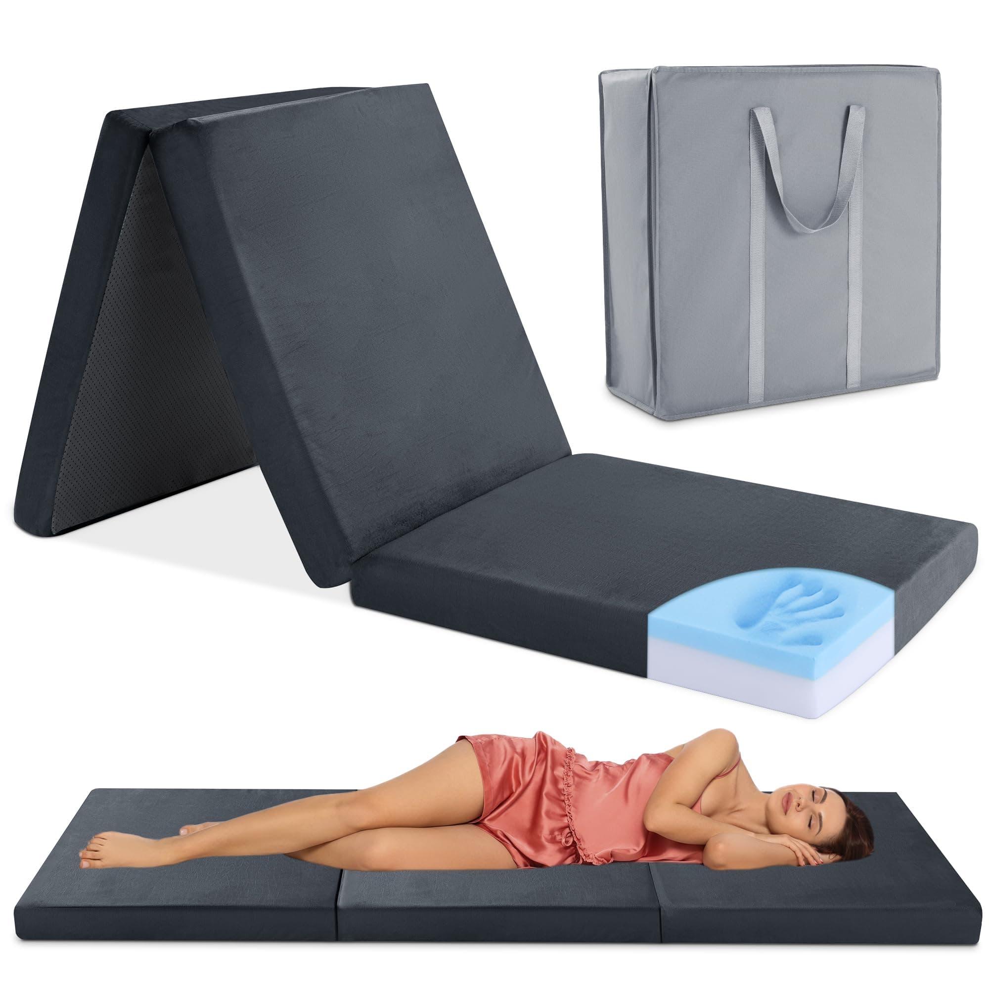HOMBYS Tri-Fold Memory Foam Camping Mattress, Portable & Waterproof