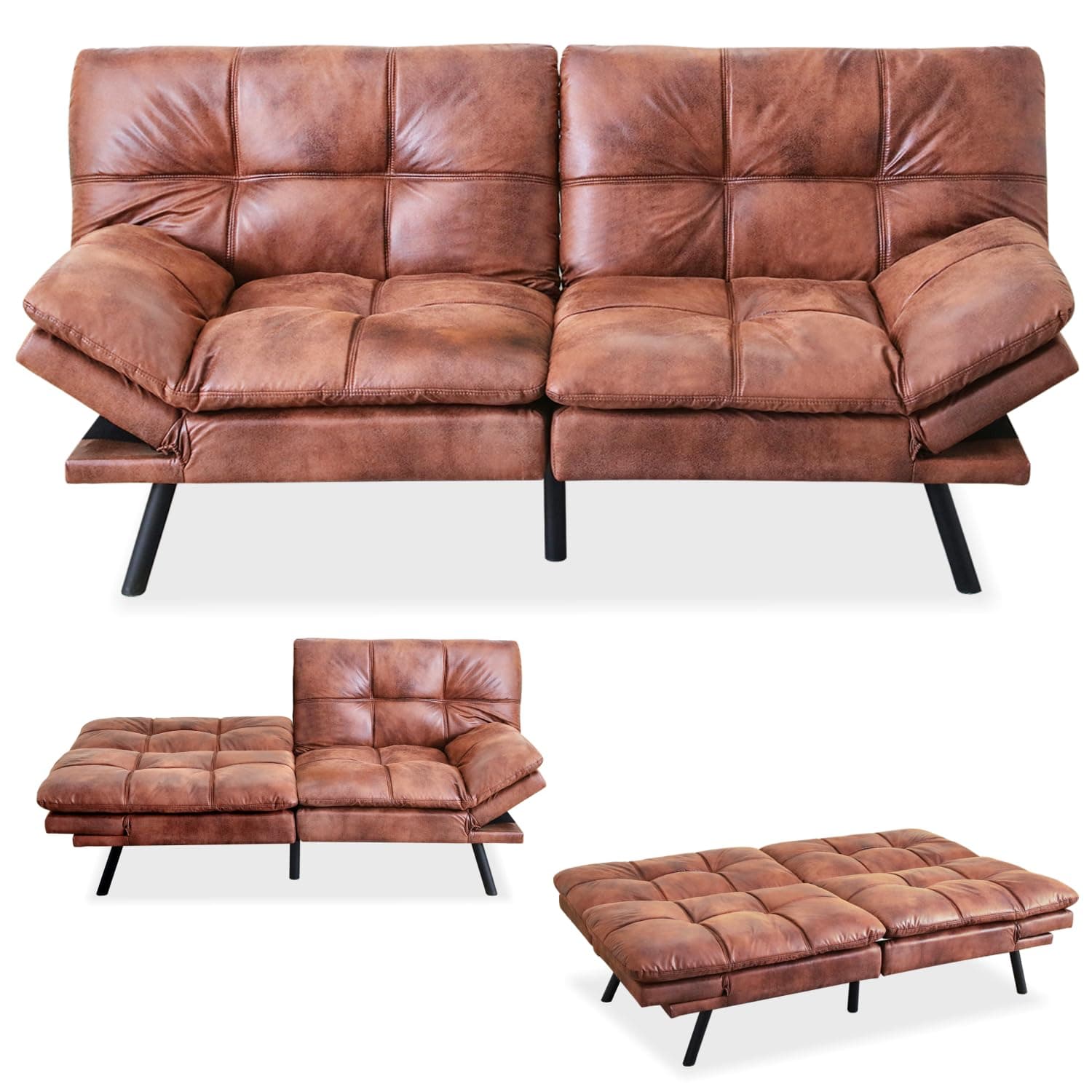 Memory Foam Futon Sofa Bed with Adjustable Backrest in Brown for Living Room