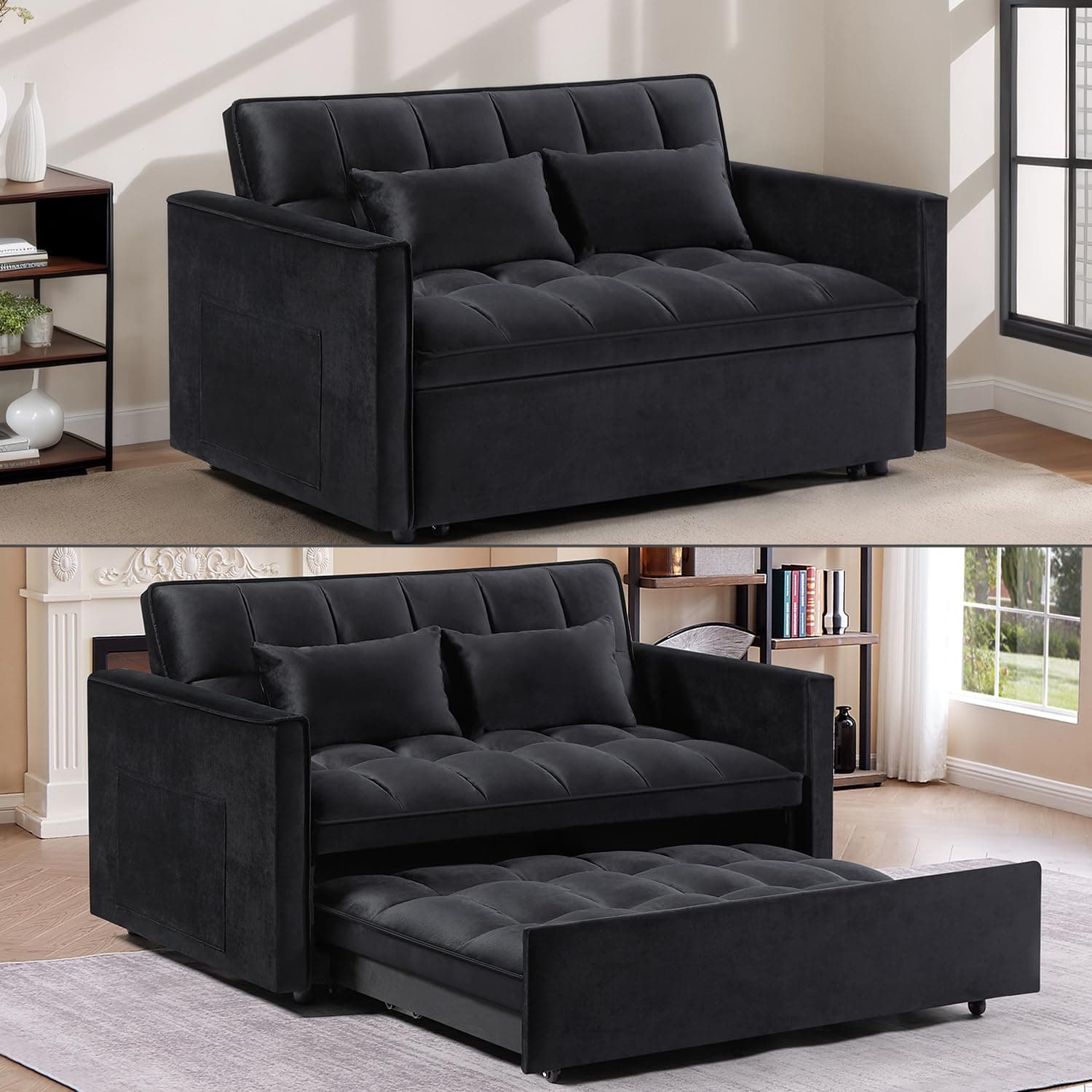 3 in 1 Velvet Convertible Sofa Bed, Black (54" Full)