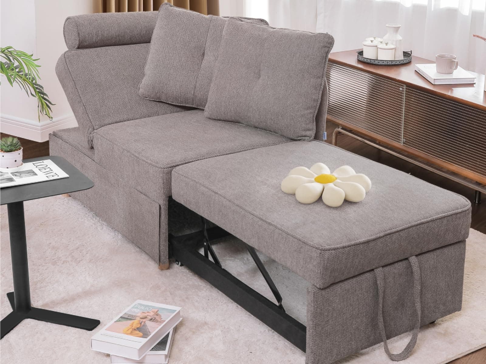 4-in-1 Convertible Couch: Linen Fabric Sleeper Sofa Bed with 2 Pillows & 5 Angle Adjustments