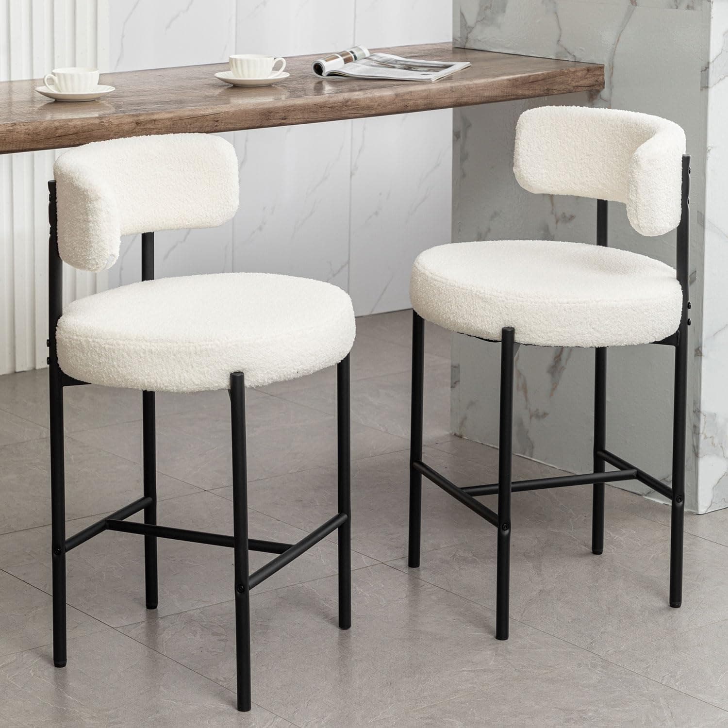 24" Modern White Bar Stools with Backs, Boucle Set of 2 for Kitchen Island, Bar, Cafe