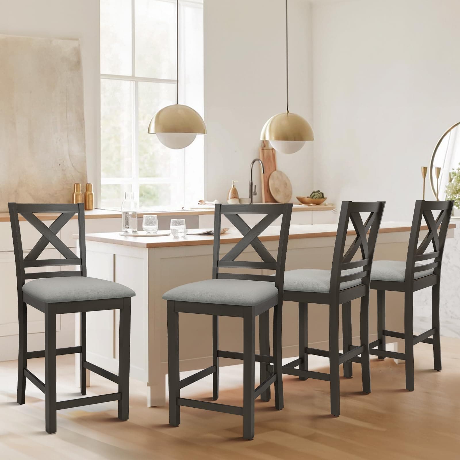 COLAMY Mid Century Modern Wooden Bar Stools Set of 4, Dark Grey