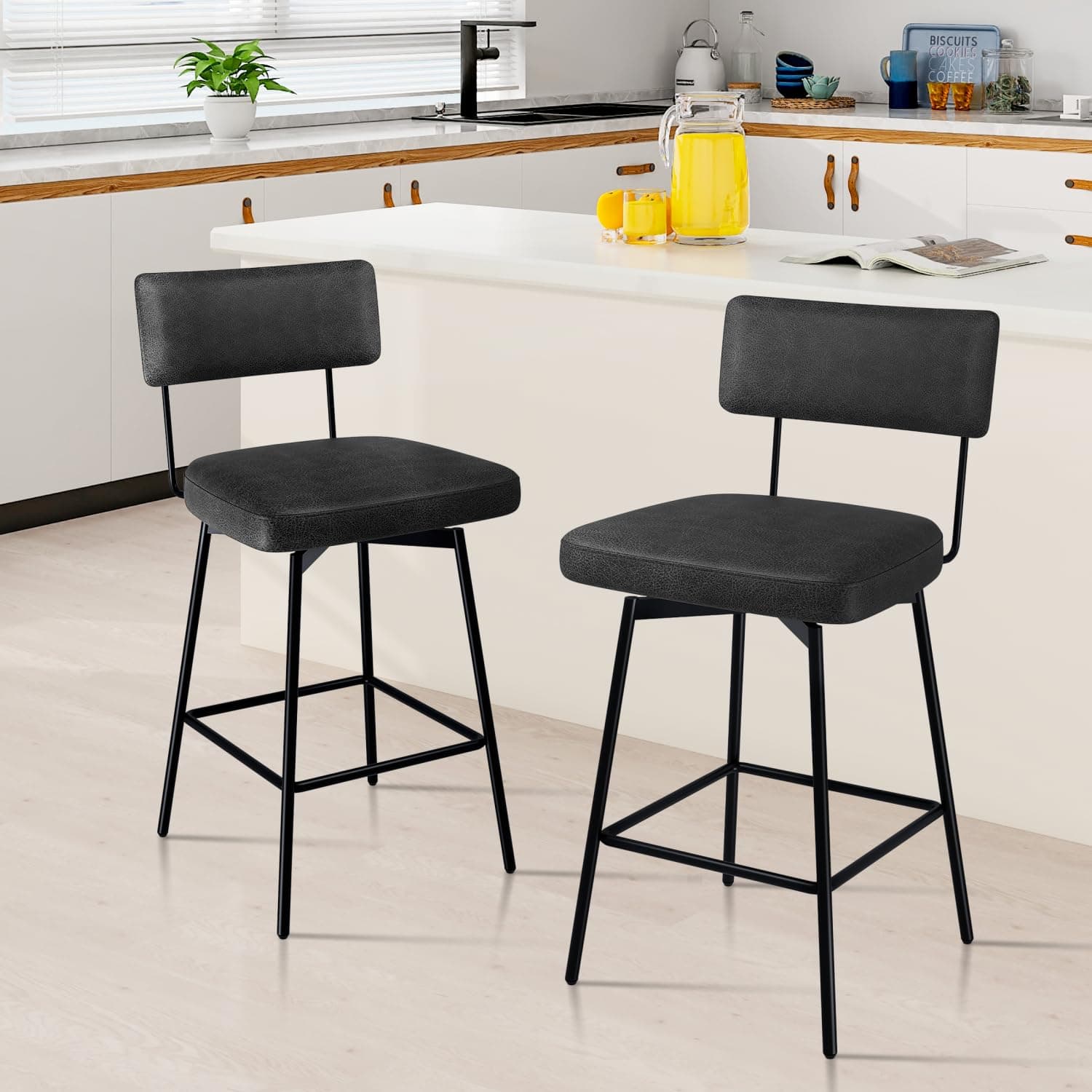 Set of 2 Modern Swivel Bar Stools with Cushion Backs