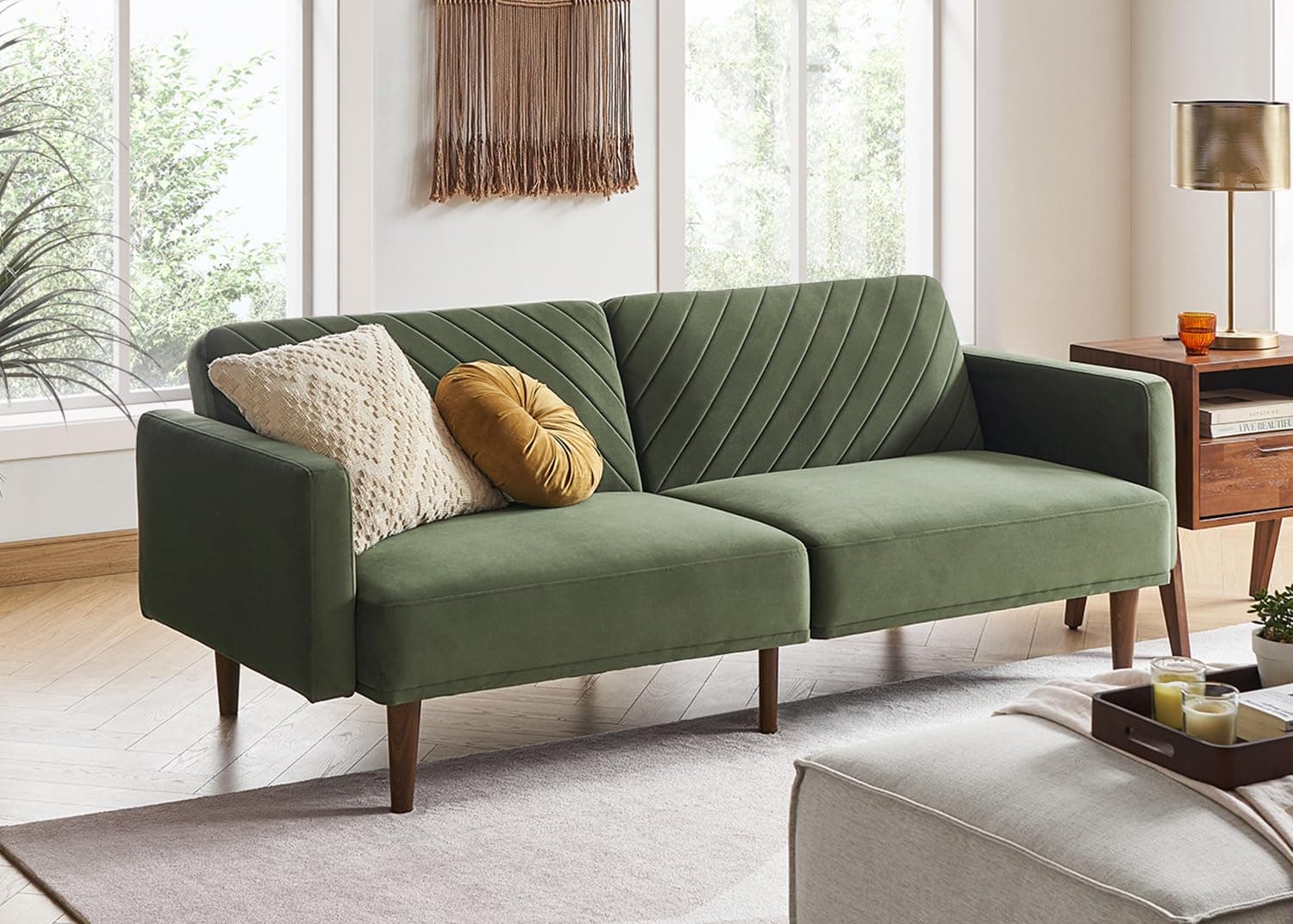 Mopio Olive Green Premium Velvet Futon Sofa Bed
