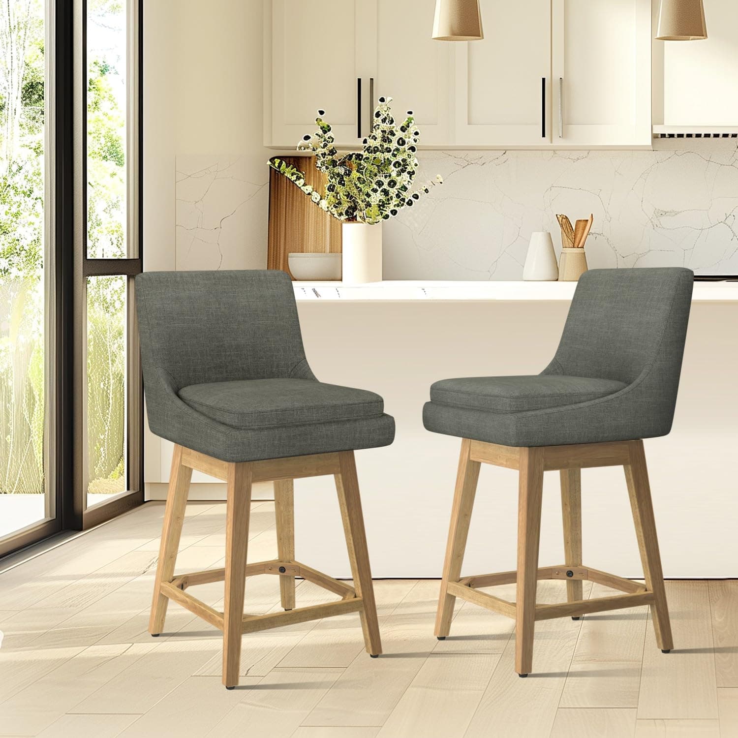 Memory Foam Upholstered Barstool Set, 26.8 Seat Height, Linen Deep Grey