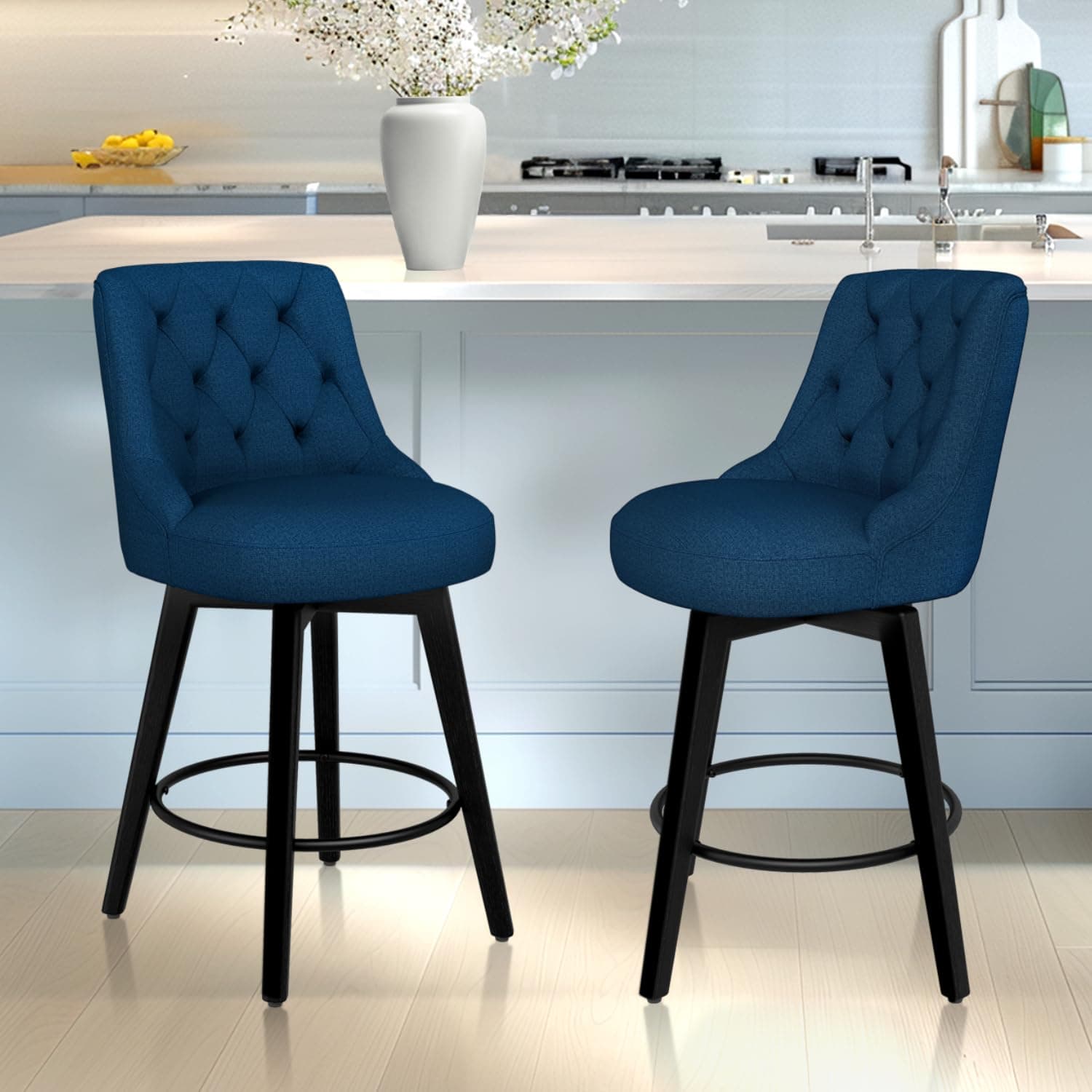 Thickened Upholstered Counter Stools Set of 2 with Swivel, Backs and Solid Wood Legs for Bar, Kitchen Island, Dining Room in Navy Blue