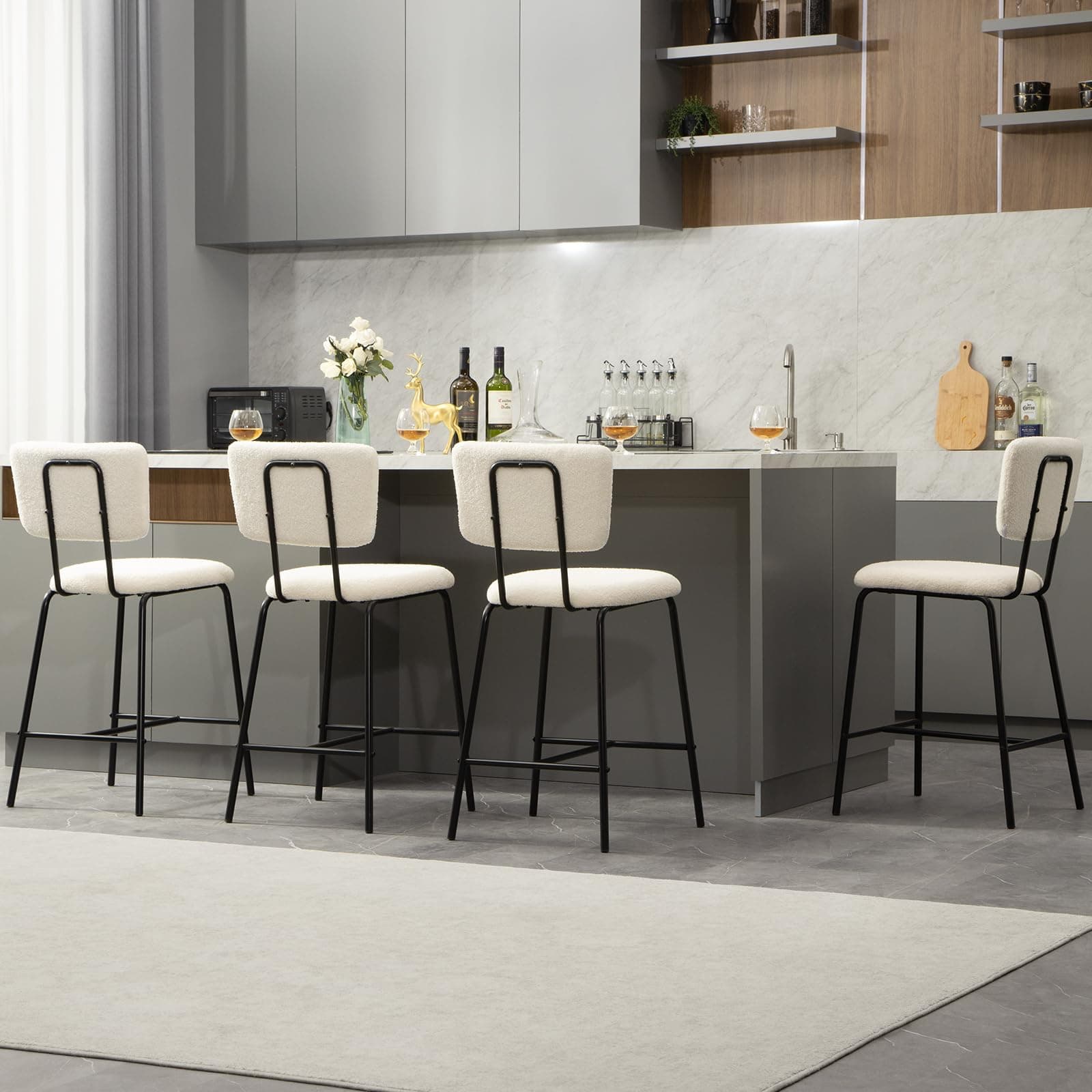 Modern White Boucle Bar Stool Set - 4 Pack Kitchen Island Chairs