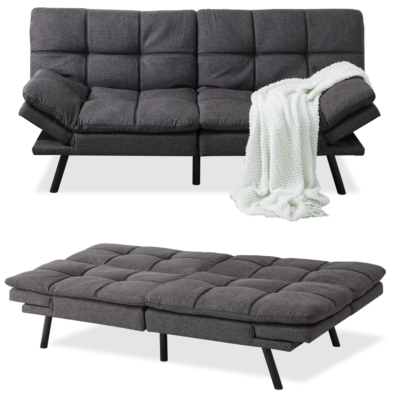 Adjustable Backrest Futon Sofa Bed - Memory Foam Loveseat Sleeper for Small Space, Grey