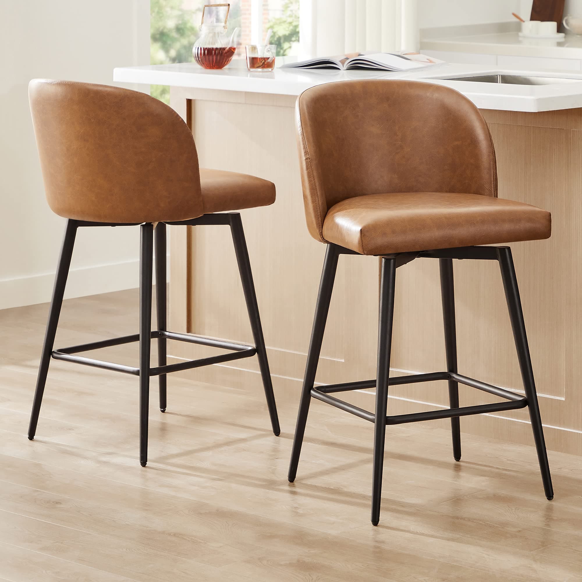 Watson & Whitely 360° Swivel Bar Stools, Saddle Brown Faux Leather, Set of 2