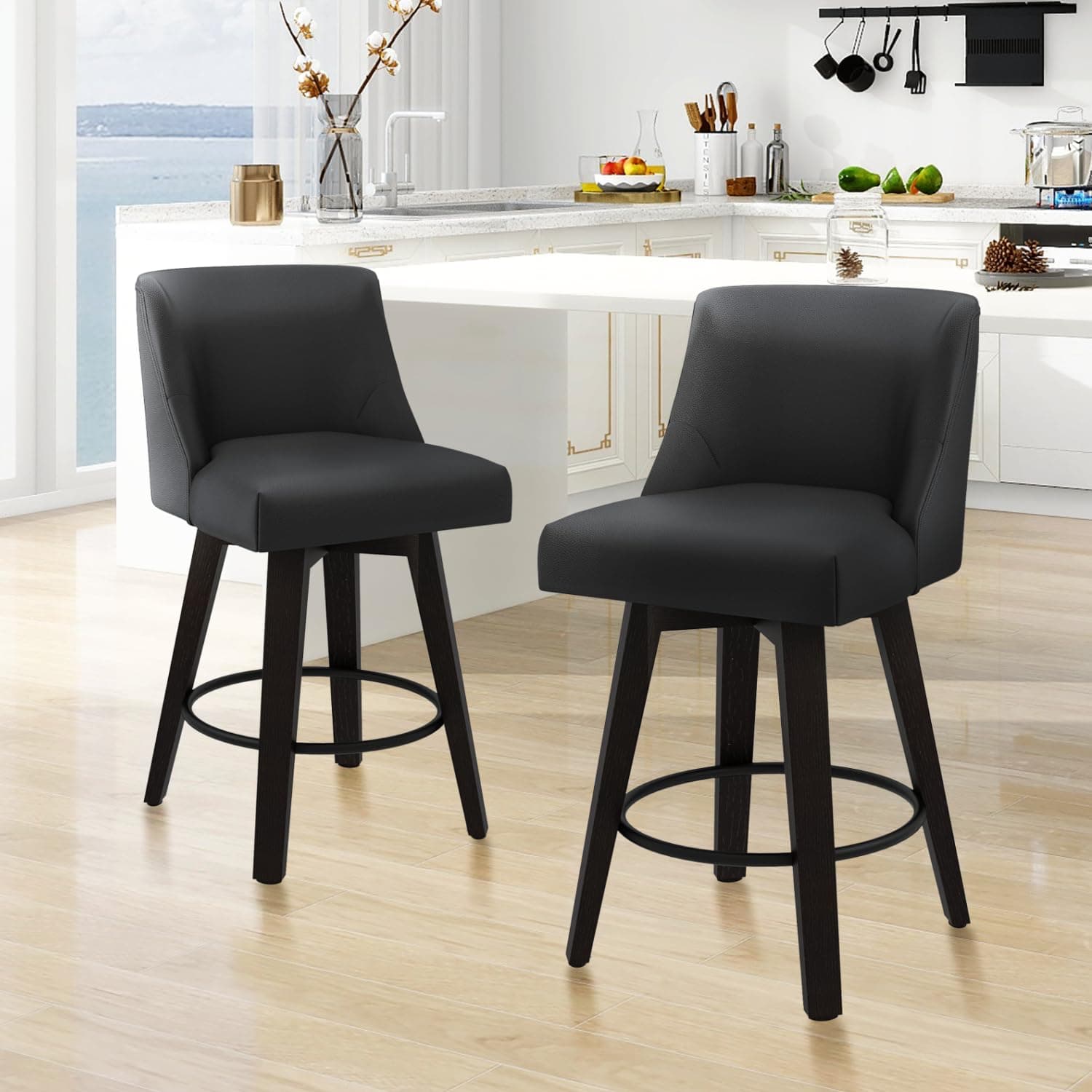 MUUEGM Set of 2 Swivel Counter Height Bar Stools with Back, 26-Inch, Black Faux Leather and Solid Wood