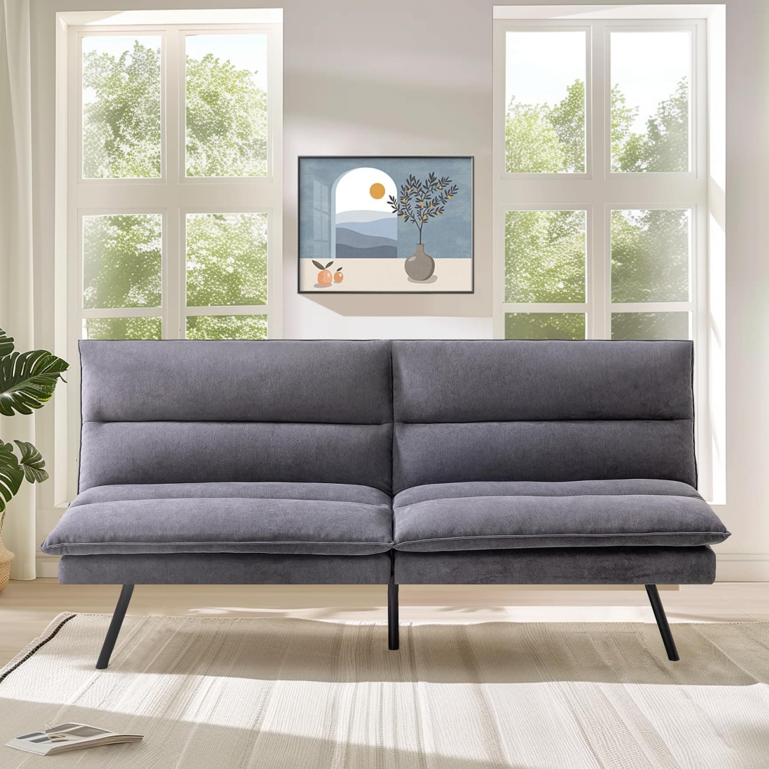 Memory Foam Futon Sofa Bed for Living Spaces, Office, Apartment - Grey Fabric