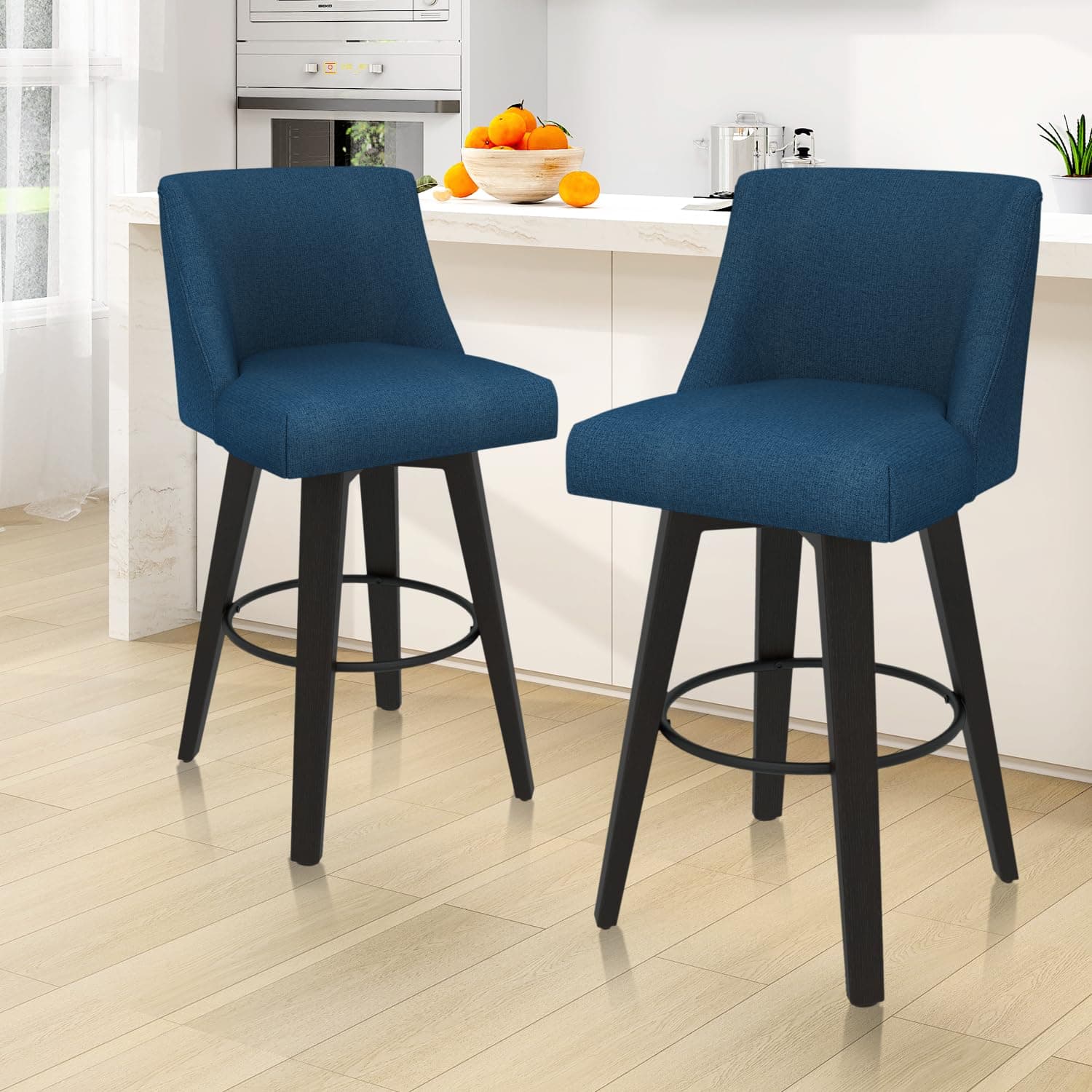360°Swivel Navy Blue Bar Stools Set of 2 with Wooden Legs and Back for Kitchen Island and Bar