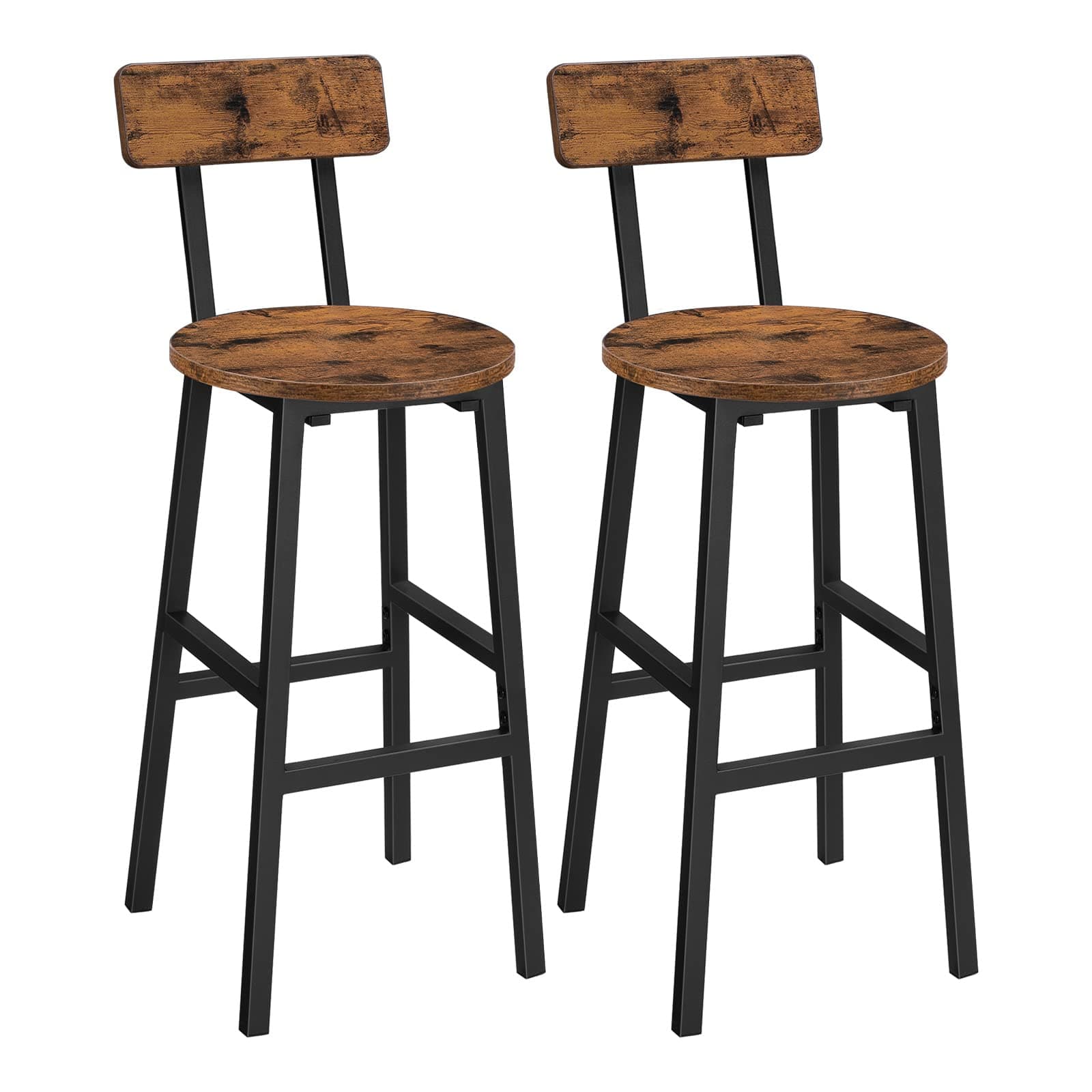 Rustic Brown Bar Stools, Set of 2 with Footrest, 24.4" Backed Bar Chairs