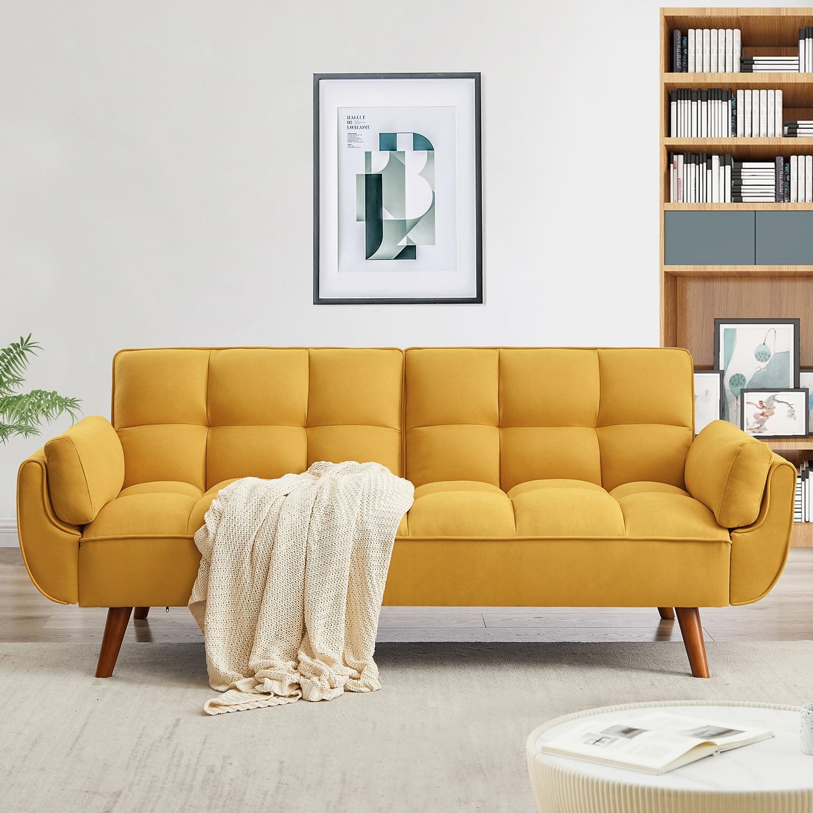 Golden Yellow Convertible Futon 3 Seater Sofa Bed, Linen Upholstery, Modern Design