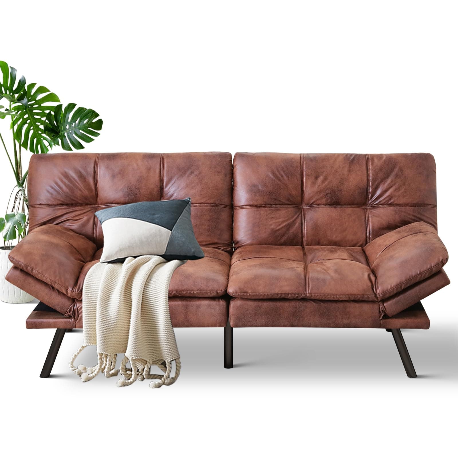 MUUEGM Cognac Memory Foam Futon Sofa Bed for Small Space and Office Use with Adjustable Backrest and Removable Armrests