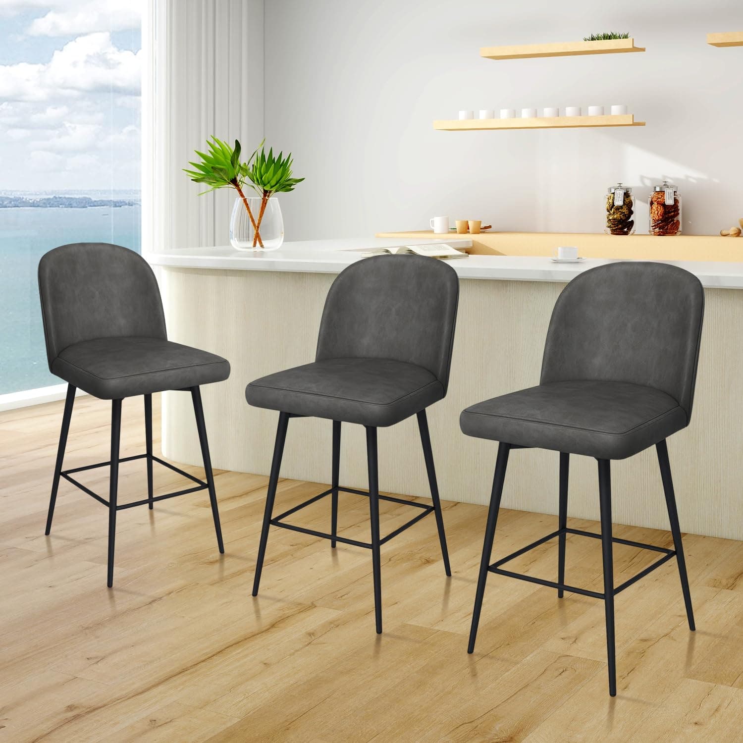 MUUEGM Set of 3 Modern 360° Swivel Bar Stools - 26.9 High Back with Metal Legs, Linen Fabric, Pure Night Black for Bar, Kitchen, Dining Room