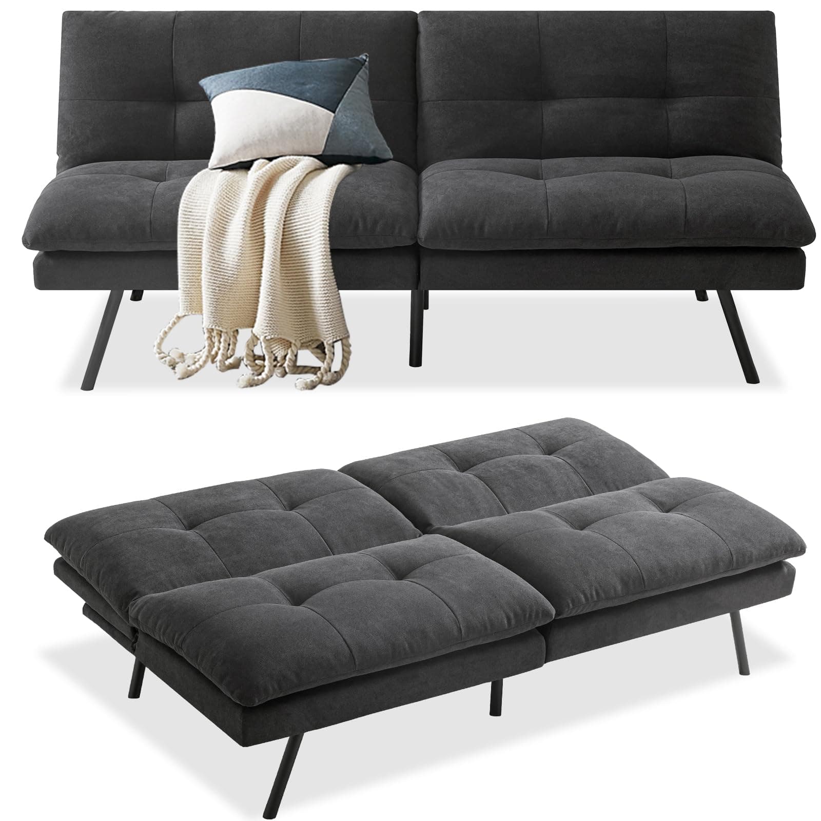 Convertible Memory Foam Futon Sofa Bed - Adjustable Backrest, Gray to Black