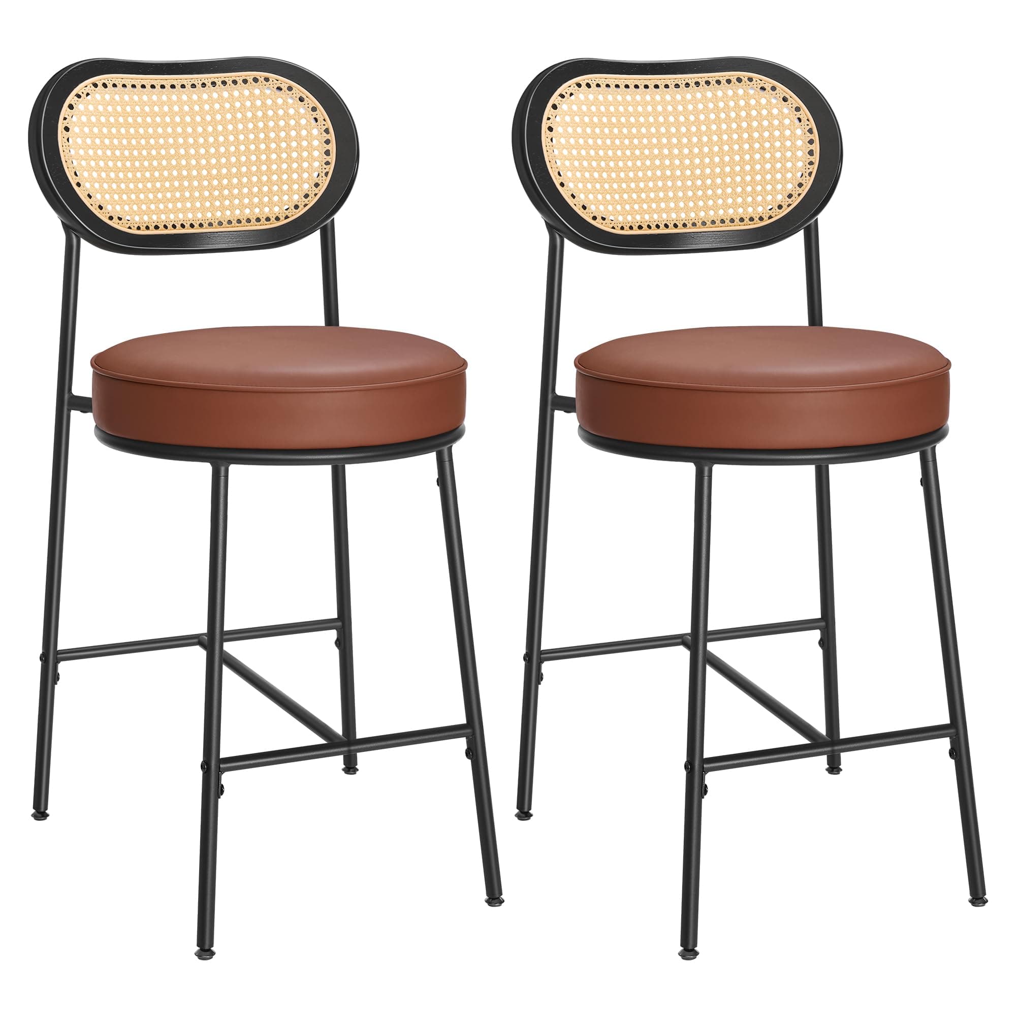 Counter Height Bar Stools Set of 2 with Rattan Back and Leather Upholstery