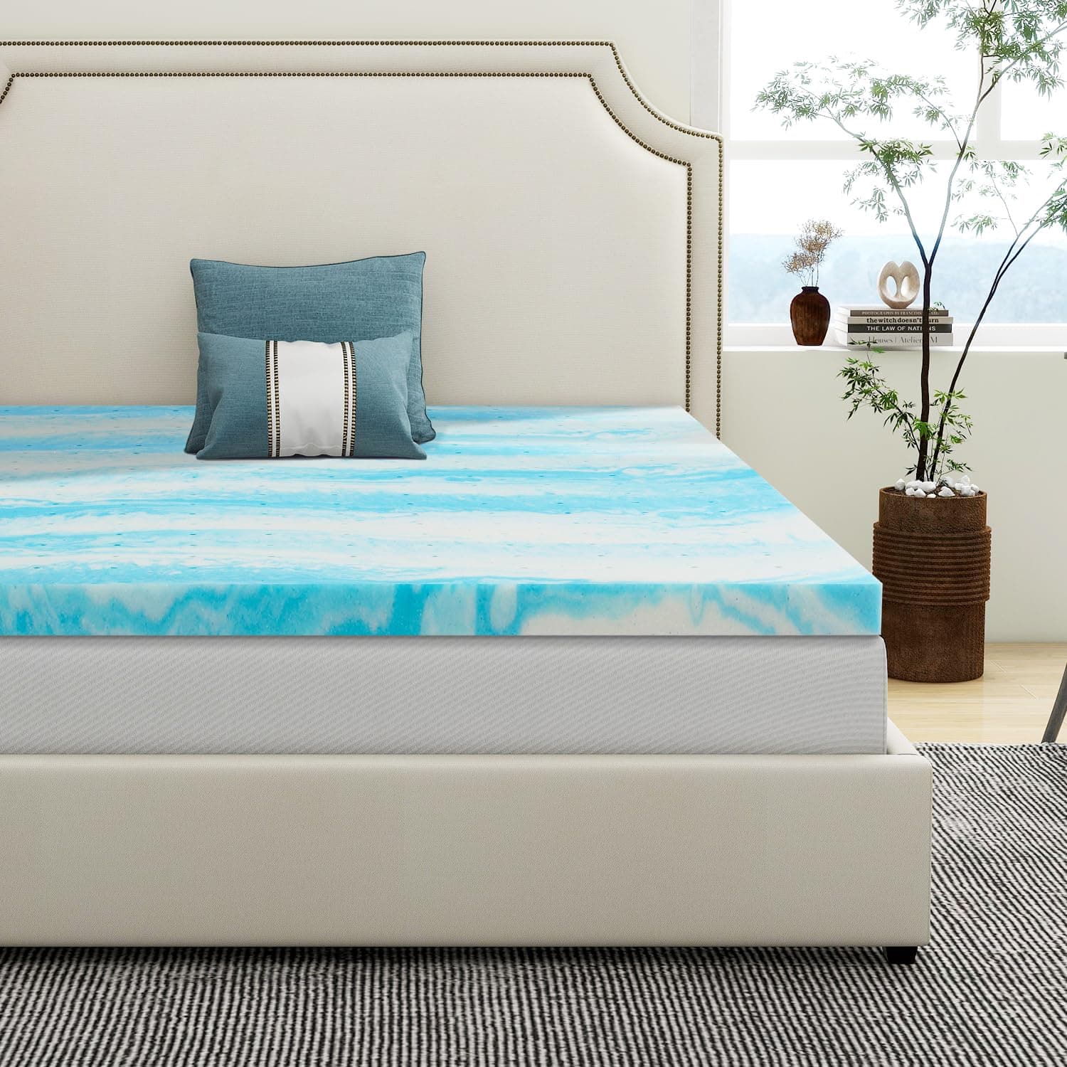 2 Memory Foam Mattress Topper Queen Size - Cooling Gel Infused - Breathable Blue Pad for Back Pain Relief