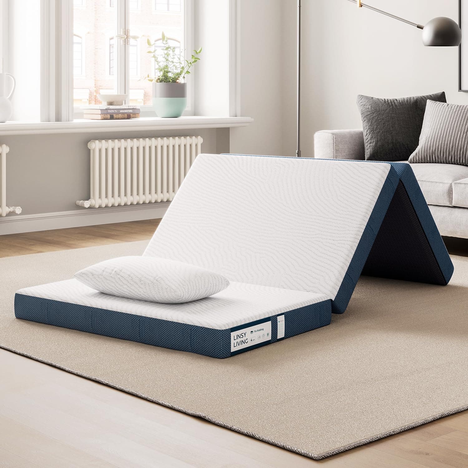 LINSY LIVING 4 Inch Tencel Trifold Memory Foam Mattress, Foldable Sofa Bed, Single Size