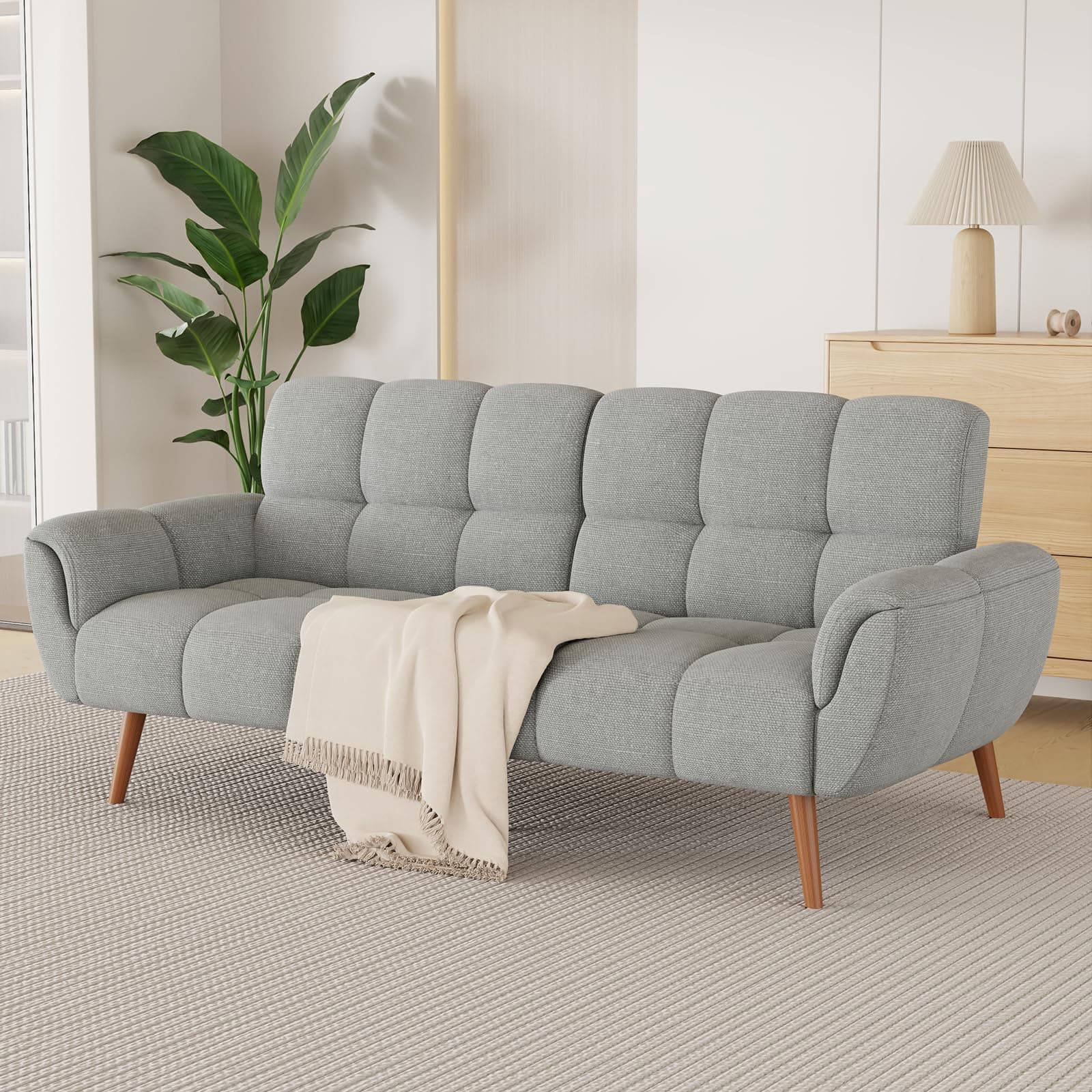 Modern Linen Futon Sofa Bed with Adjustable Backrest, Gray
