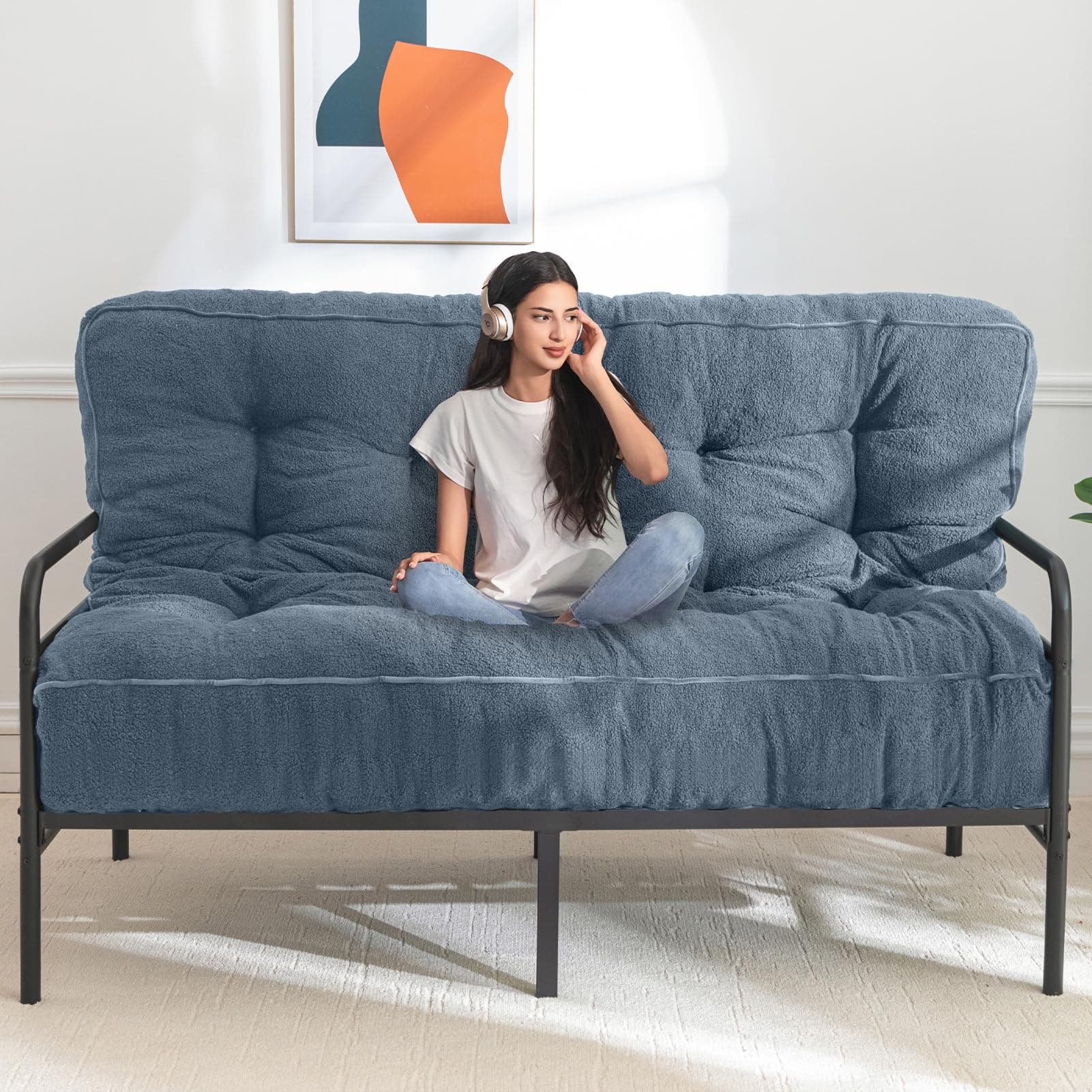MAXYOYO Full Size Ultra Thick Boucle Futon Mattress for Adults, Dusty Blue