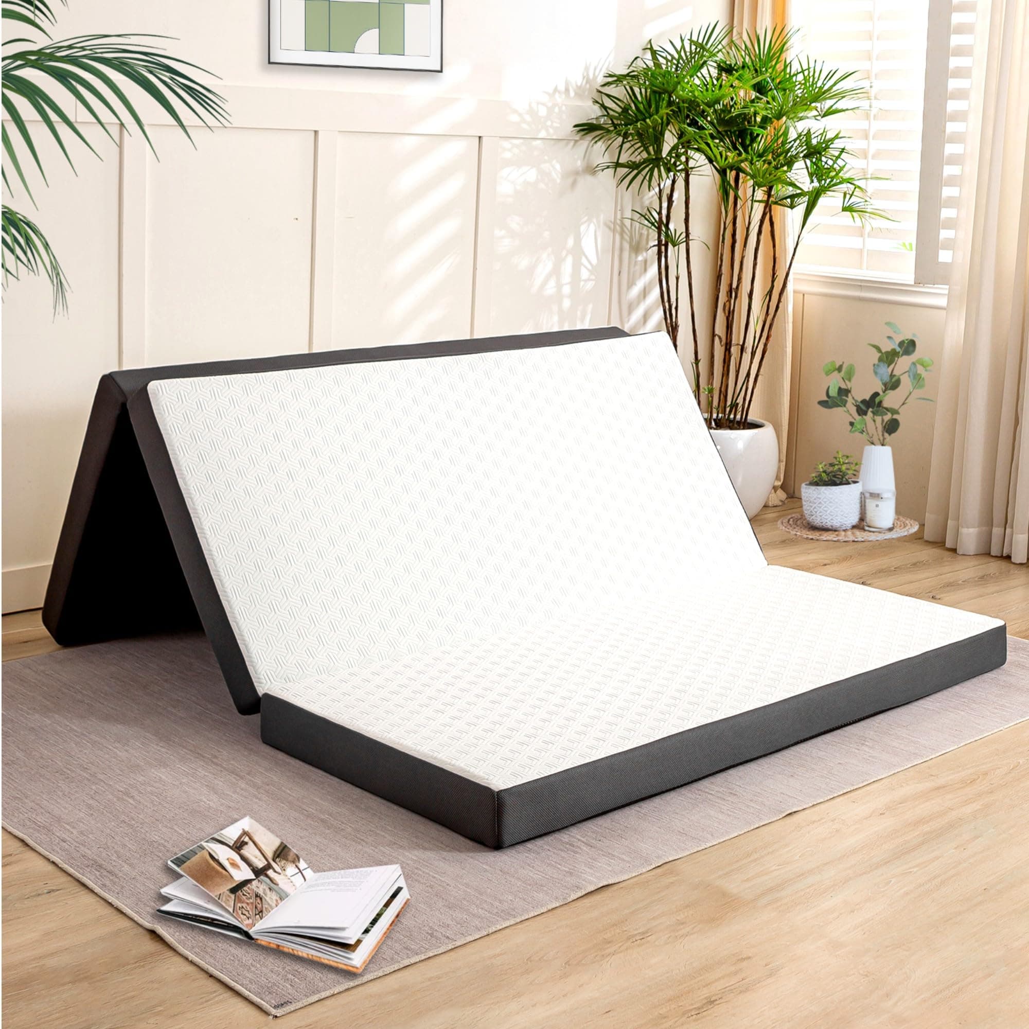 MUUEGM 3-Inch Tri-Fold Memory Foam Mattress with Washable Cover, King Size Guest Bed Topper, Includes Storage Bag, Non-Slip Bottom, 80×76×3