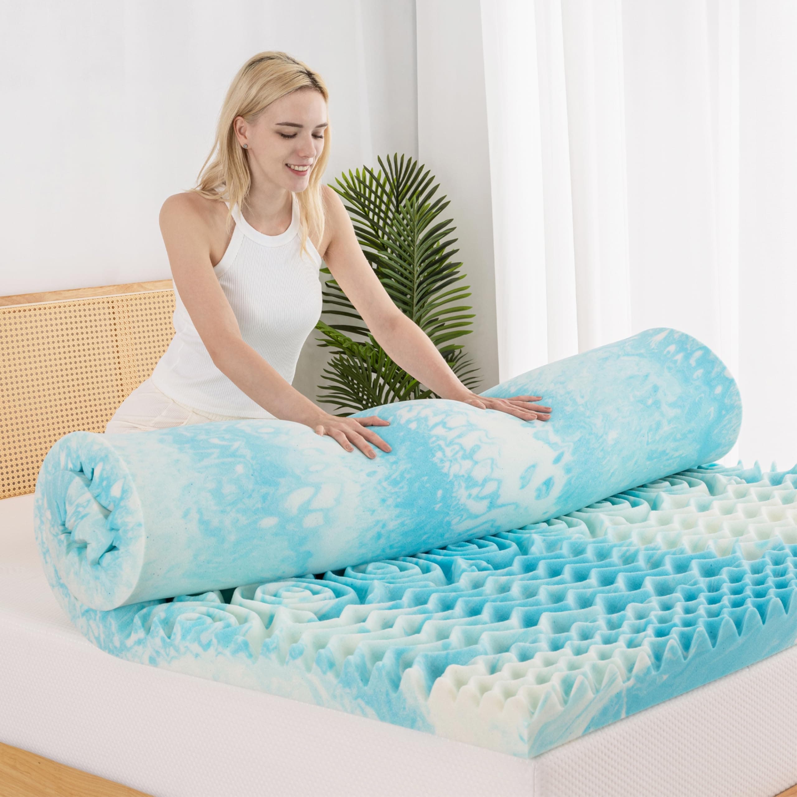 2-inch Gel Cooling Memory Foam Mattress Topper, CertiPUR-US Certified, 5-Zone Pressure Relief, Queen Size, Blue