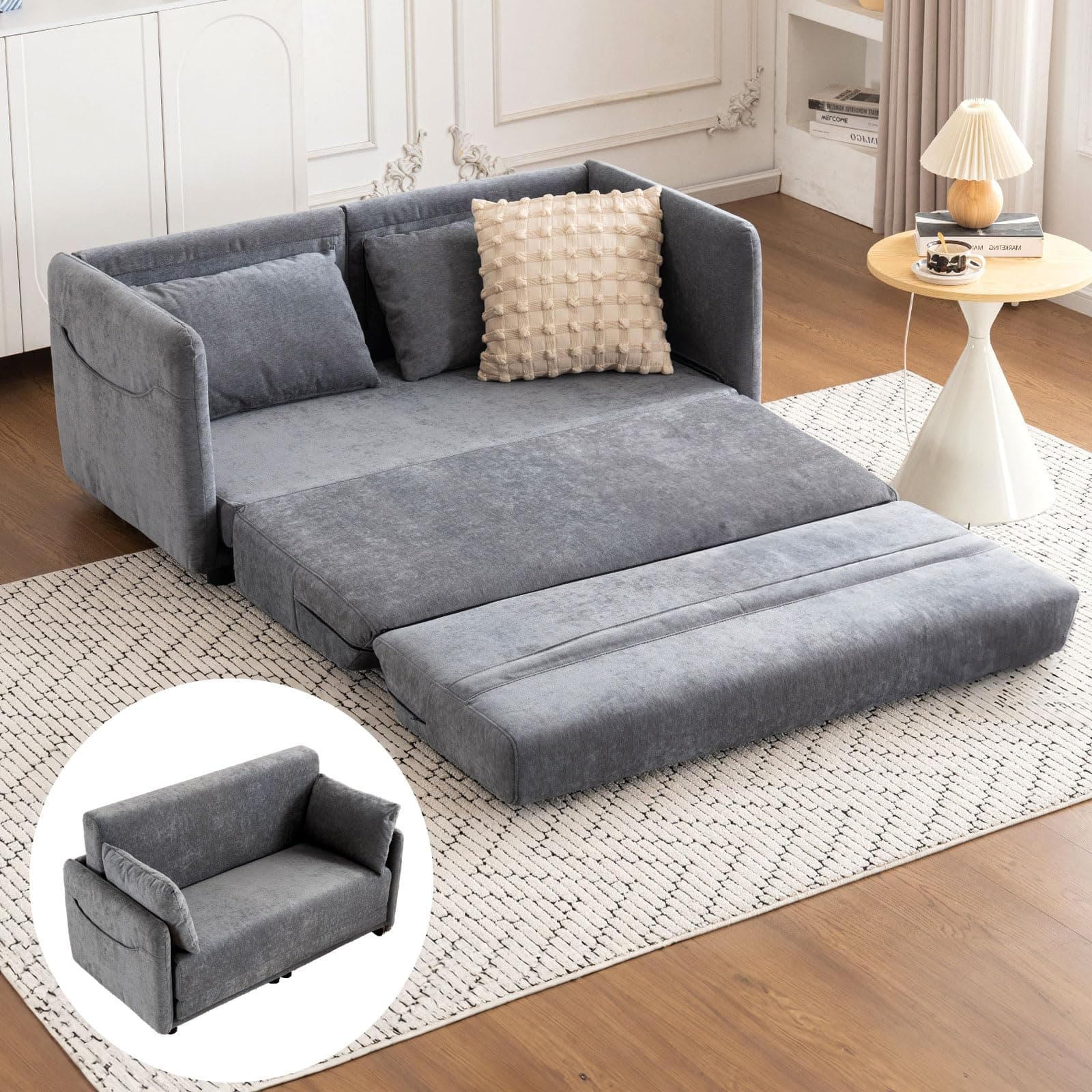 2 in 1 Chenille Loveseat Futon Couch, Full Size Pull Out Bed in a Box