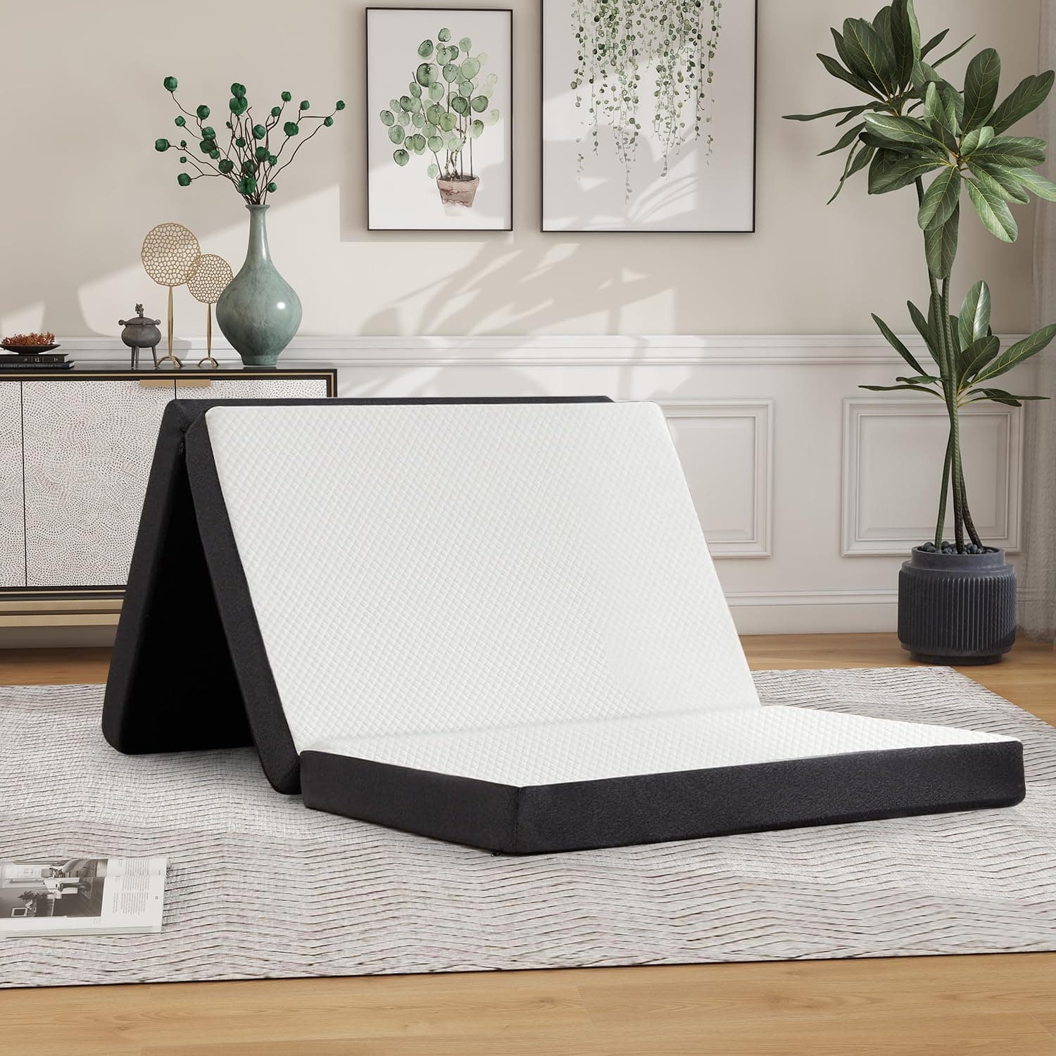 White 4 Inch Tri-Fold Memory Foam Mattress Topper for Camping andGuest Beds