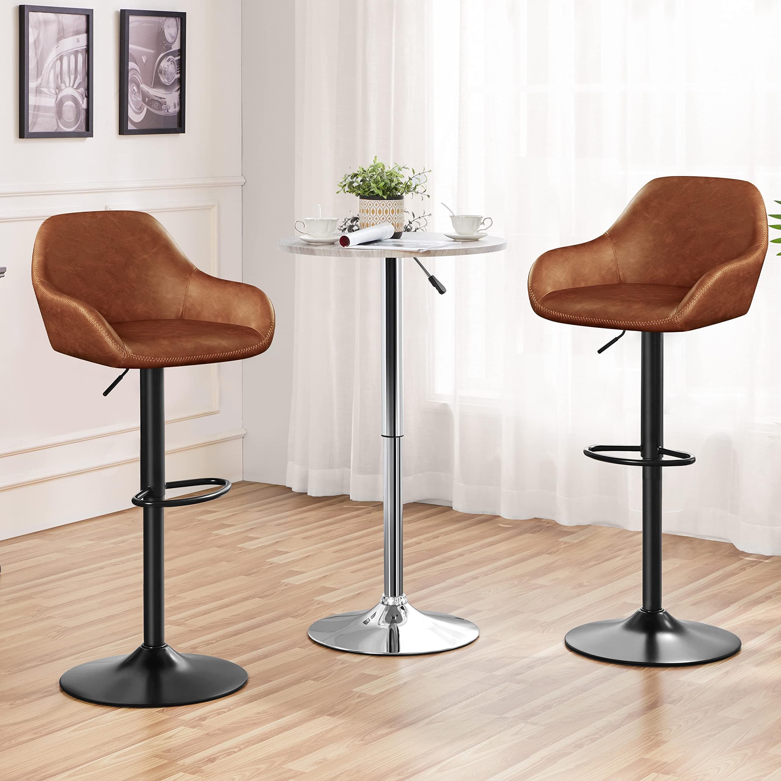 Yaheetech Brown PU Leather Swivel Bar Stool Set, Counter Height, Adjustable Backrest & Footrest