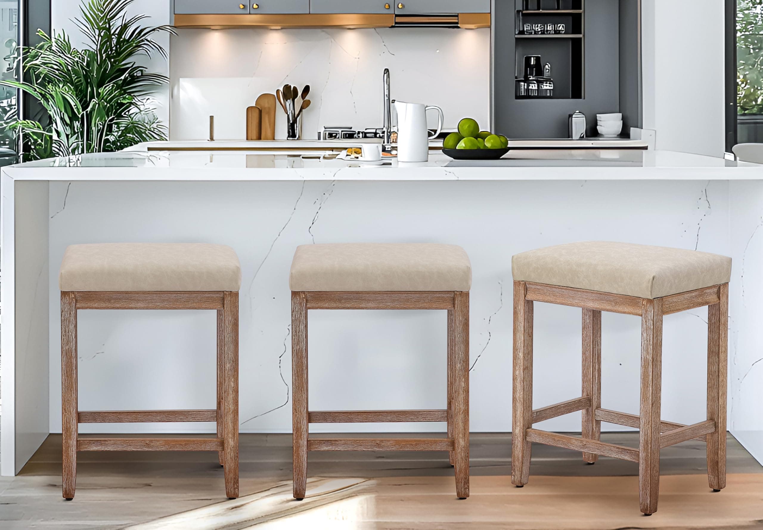 Modern Khaki Faux Leather Bar Stool Set, Counter Height 3 Pack Wood Legs