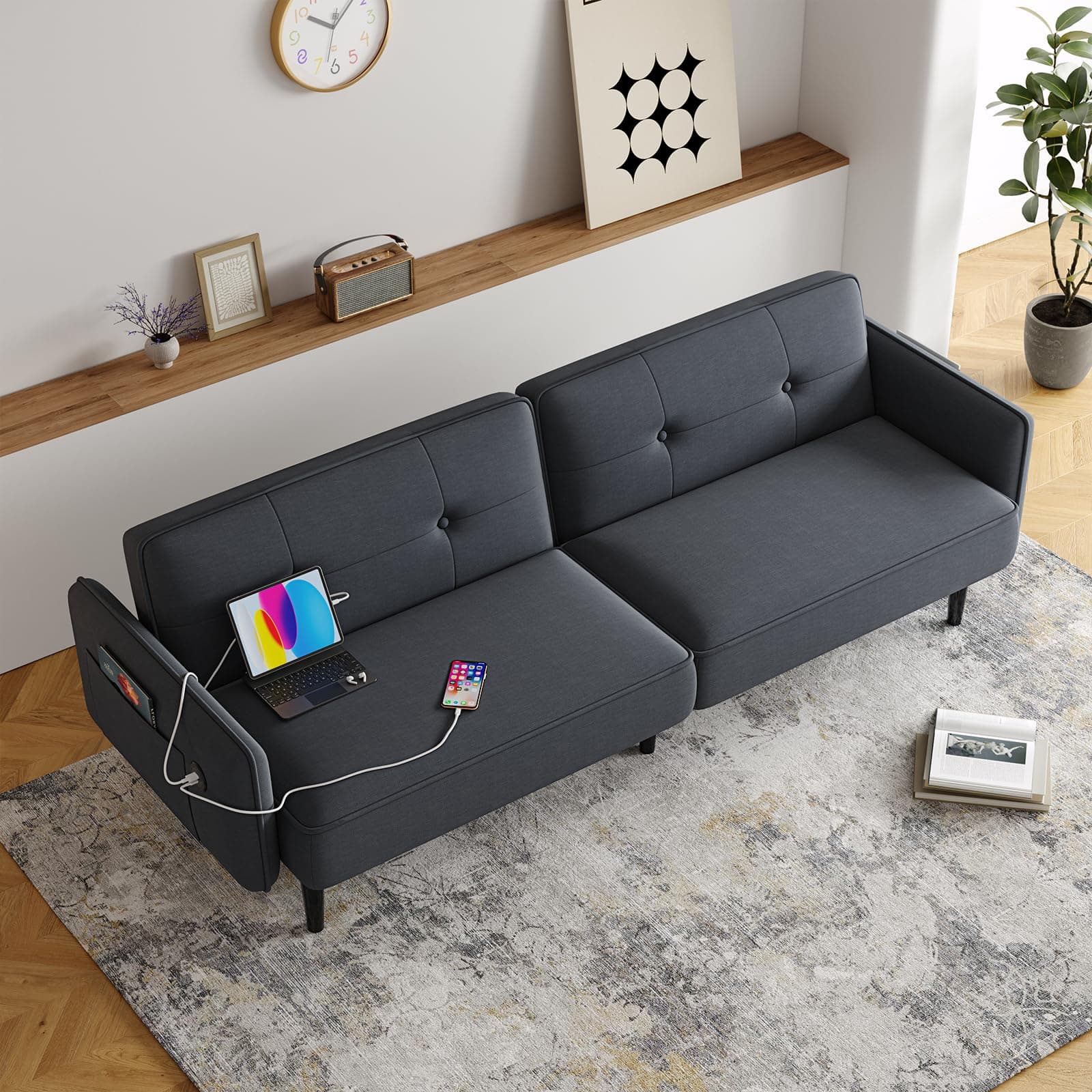 83" Adjustable Backrest Futon Couch Bed with Type-C Charging Port, Black Sofa Bed