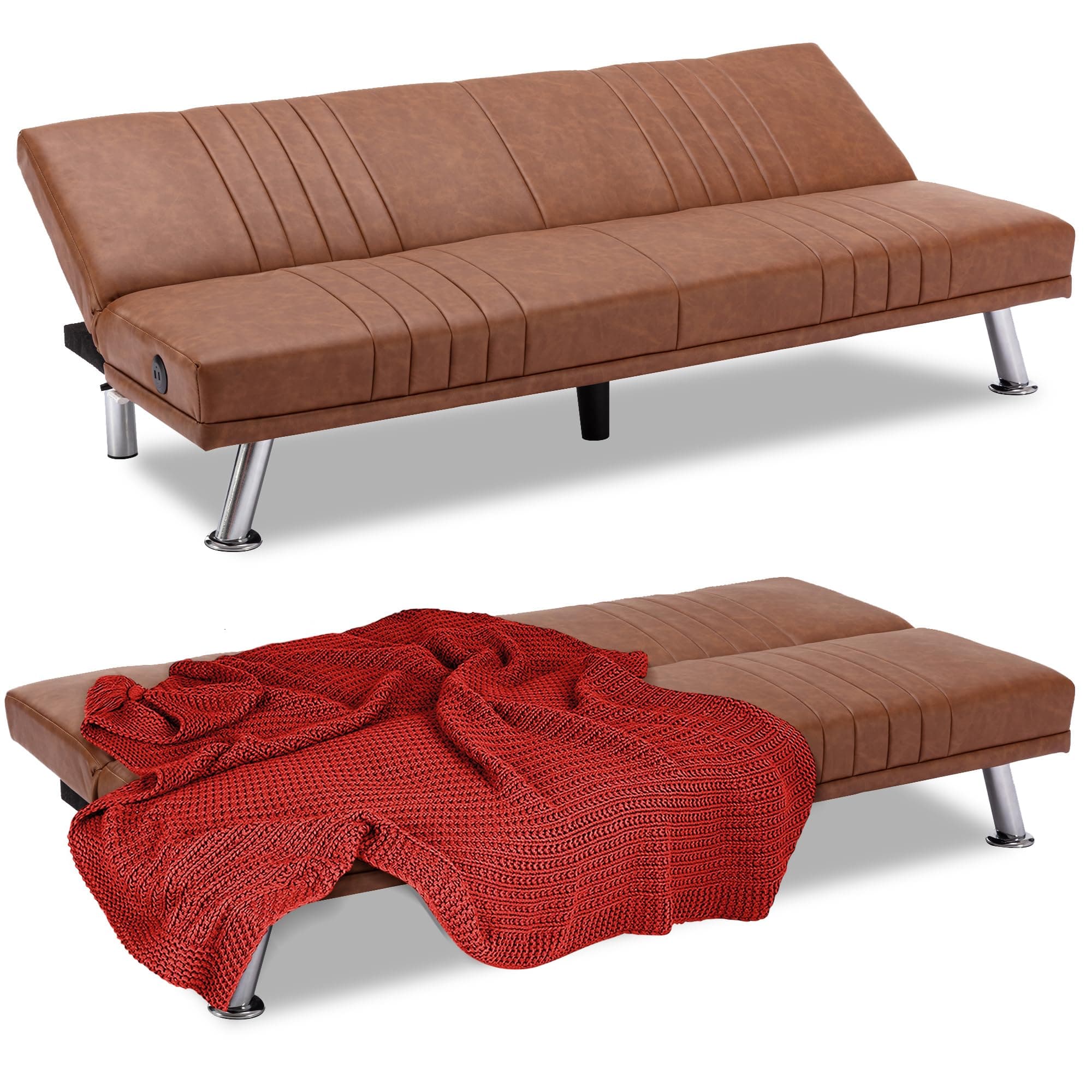 VECELO Modern Couch Bed, Convertible Sofa Bed/Folding Sleeper Couch, Brown