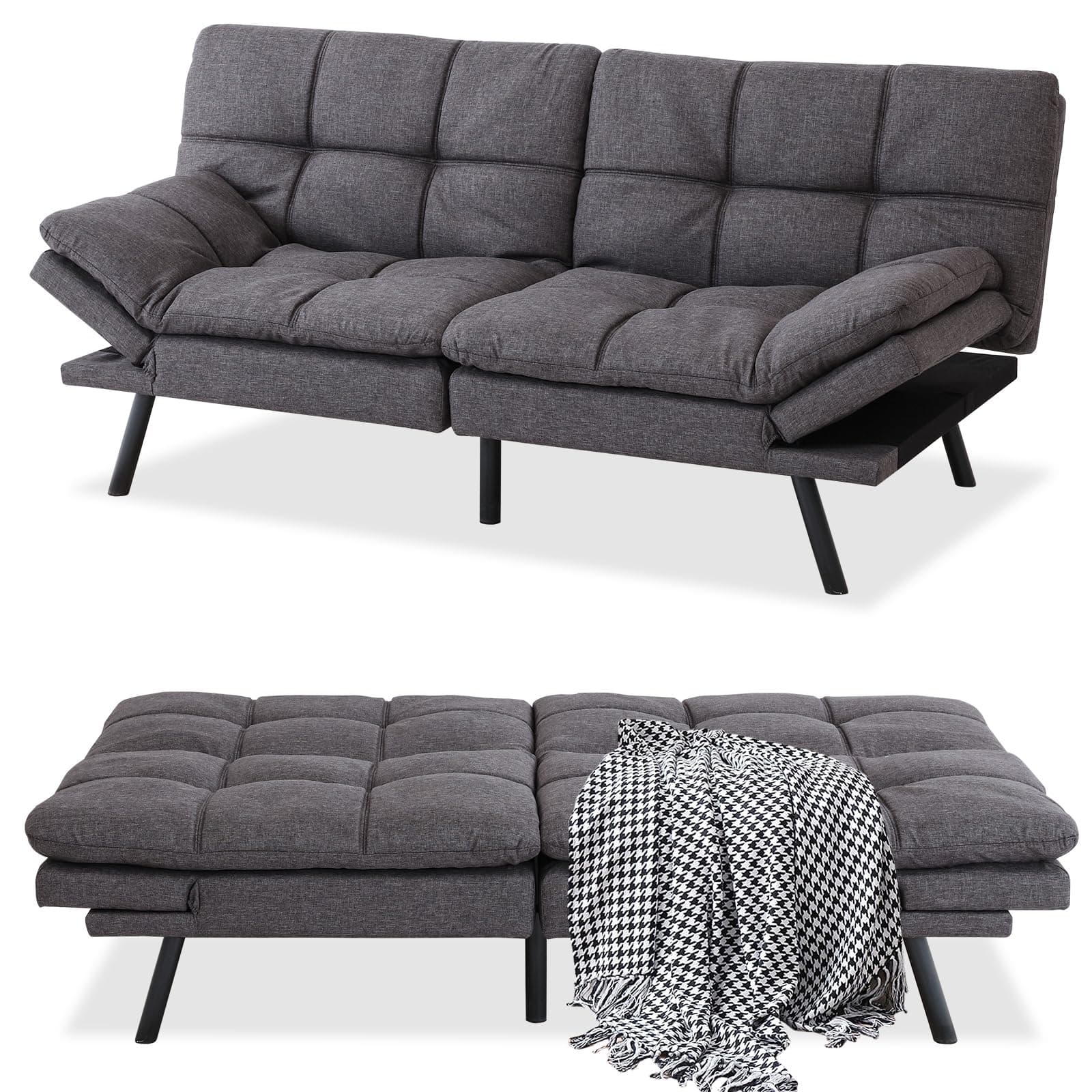 Convertible Futon Sofa Bed with Memory Foam, Adjustable Full Size Recliner, Dark Grey, for Living Room or Office