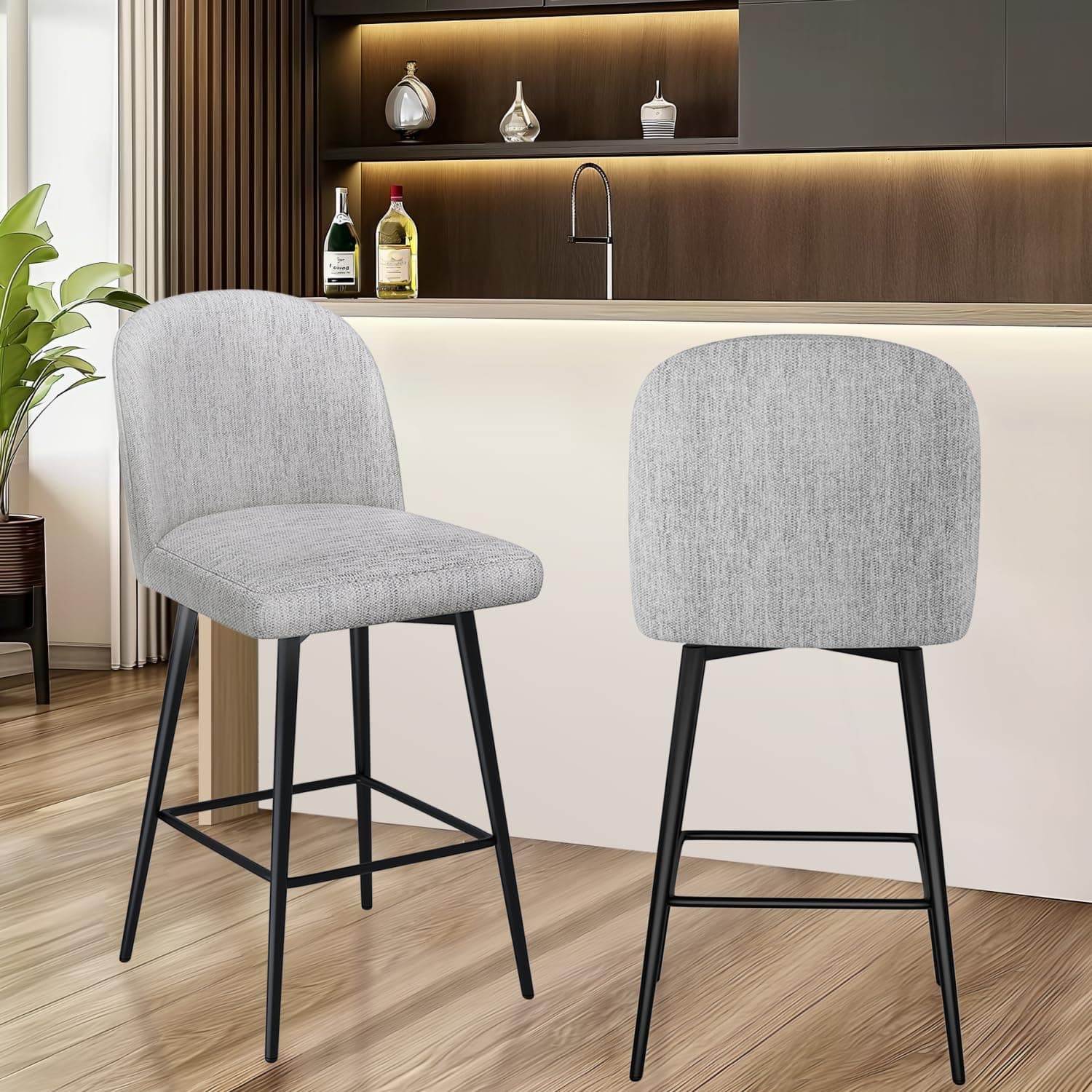360° Swivel Barstools Set of 2 with Fabric Upholstery for Kitchen Island