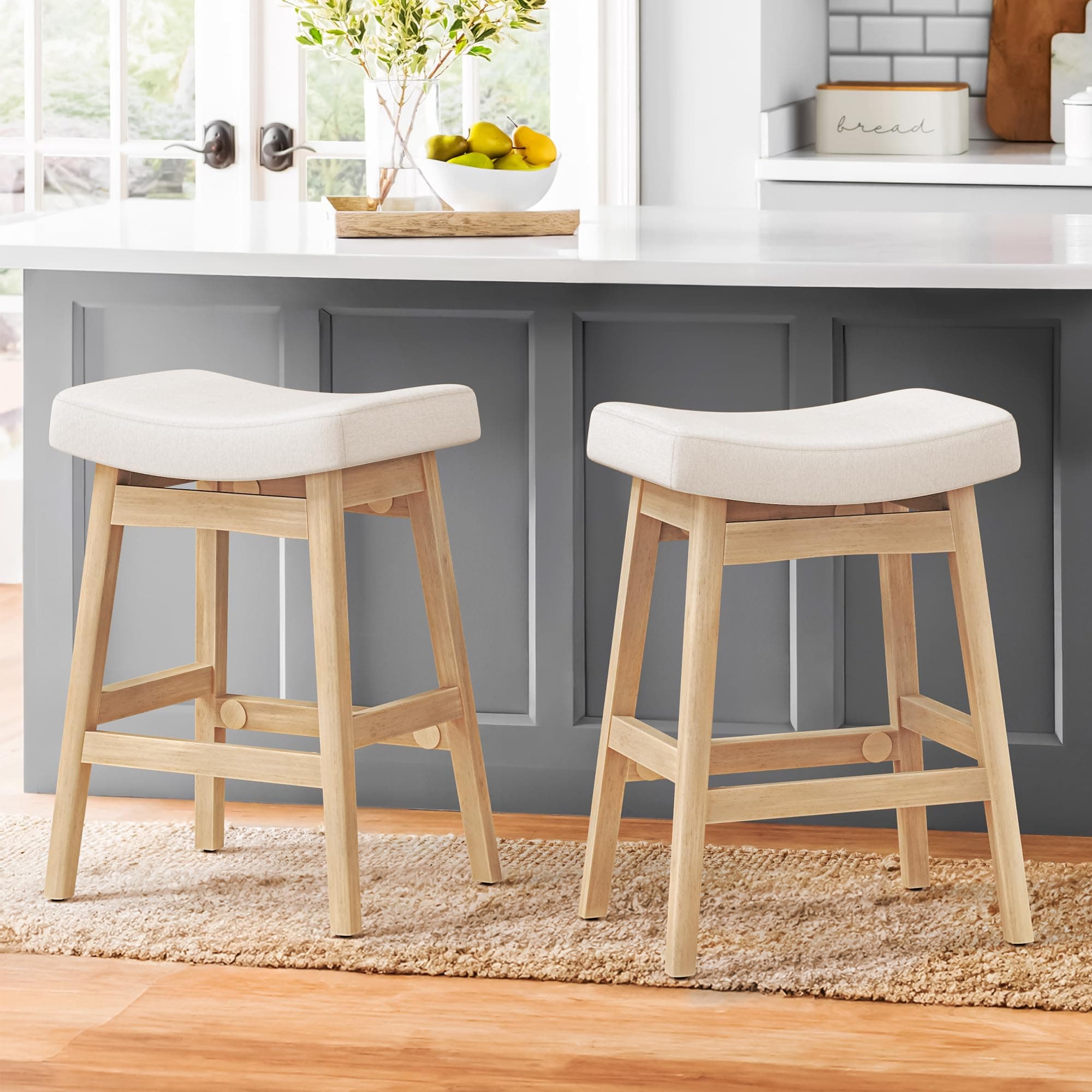 Sturdy Wood Leg Bar Stools, Beige Fabric, Set of 2, 24" Counter Height