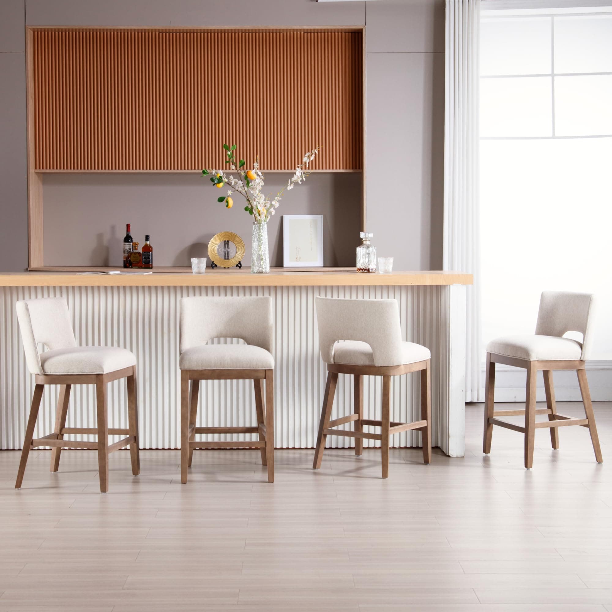 Farmhouse Linen Upholstered Bar Stools Set of 4, 26" Counter Height