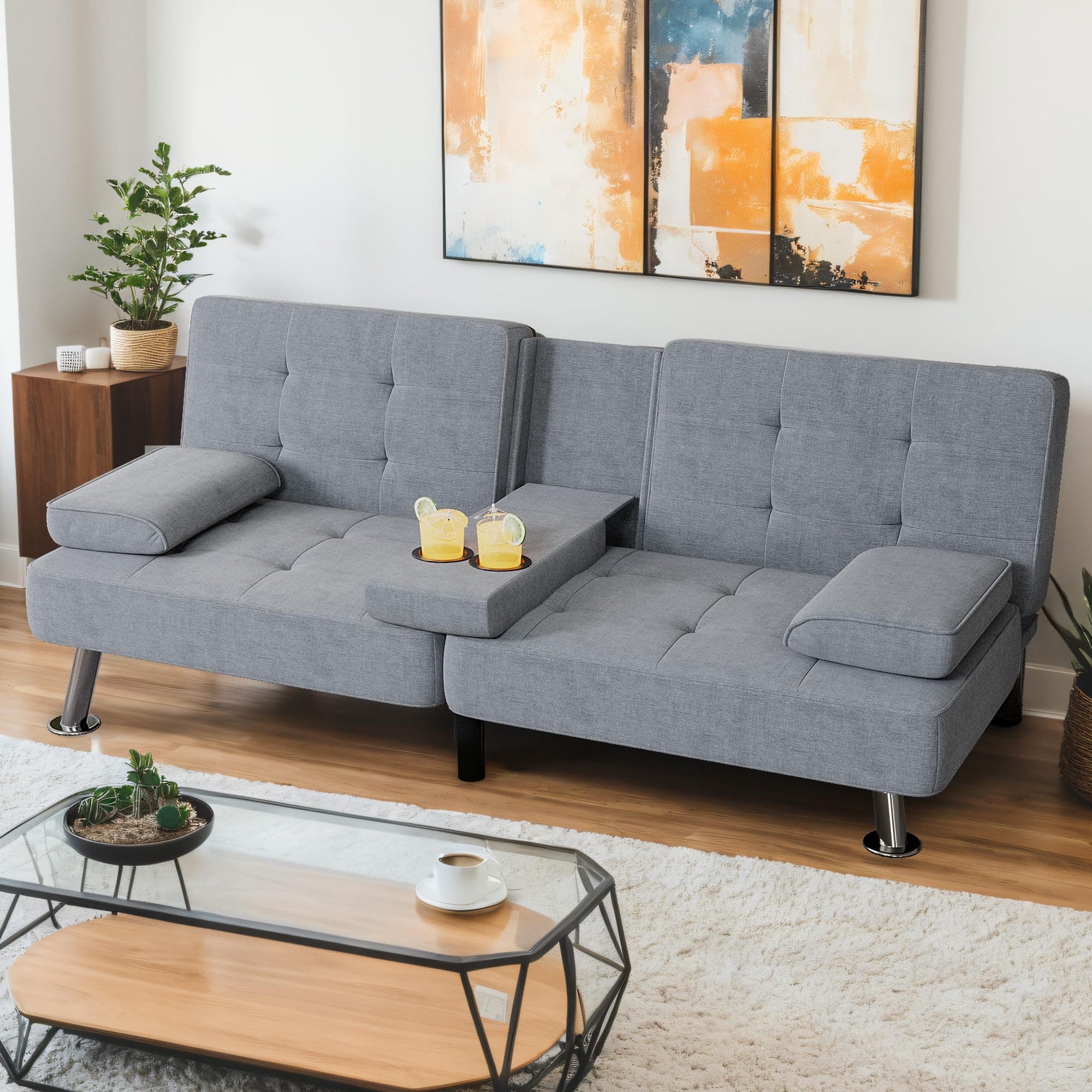 Shahoo Dark Grey Linen Convertible Futon Sofa Bed with Removable Arms