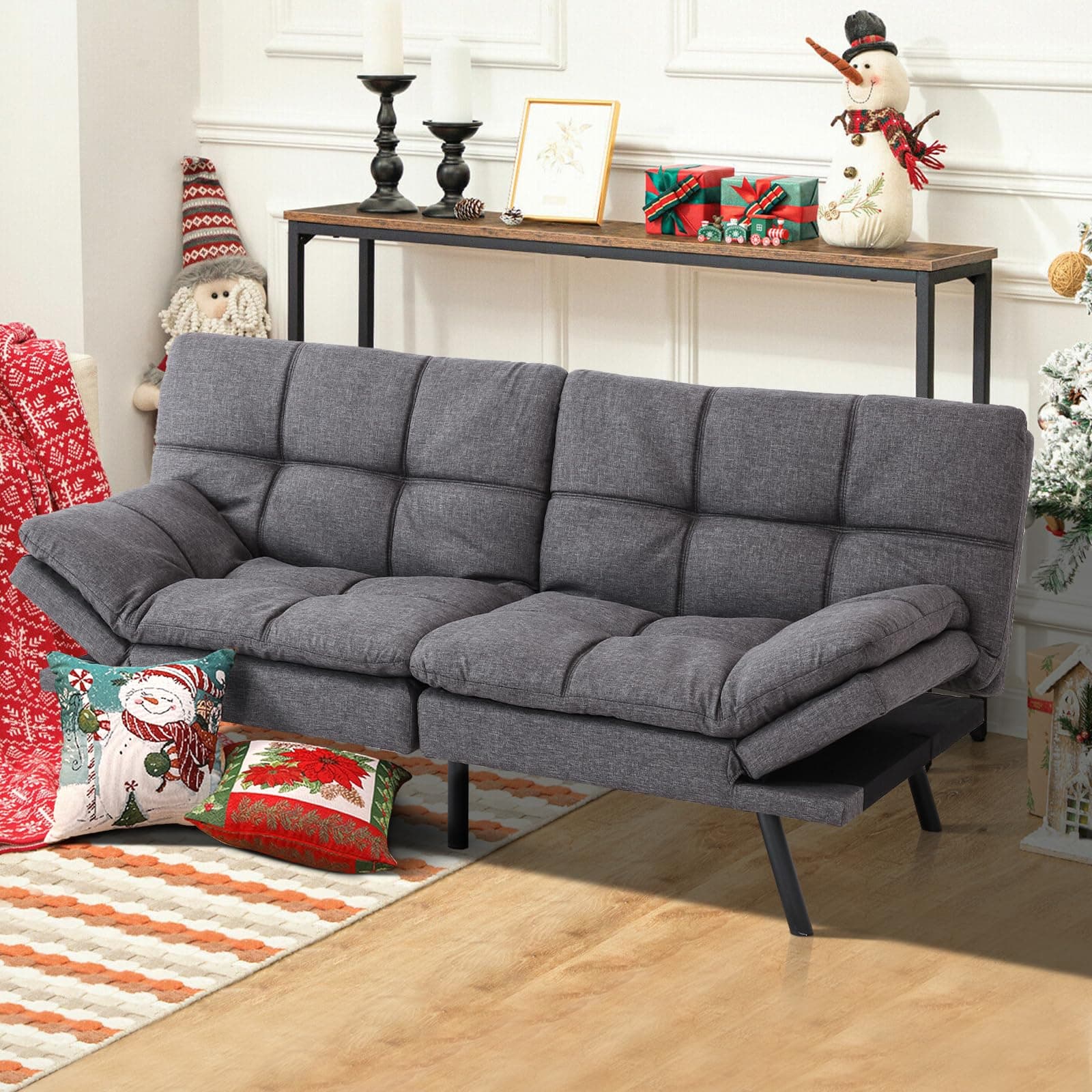 Modern Memory Foam Futon Sofa Bed with Adjustable Armrests and Backrest for Living Room, Apartment, Dorm, Office - Grey Linen