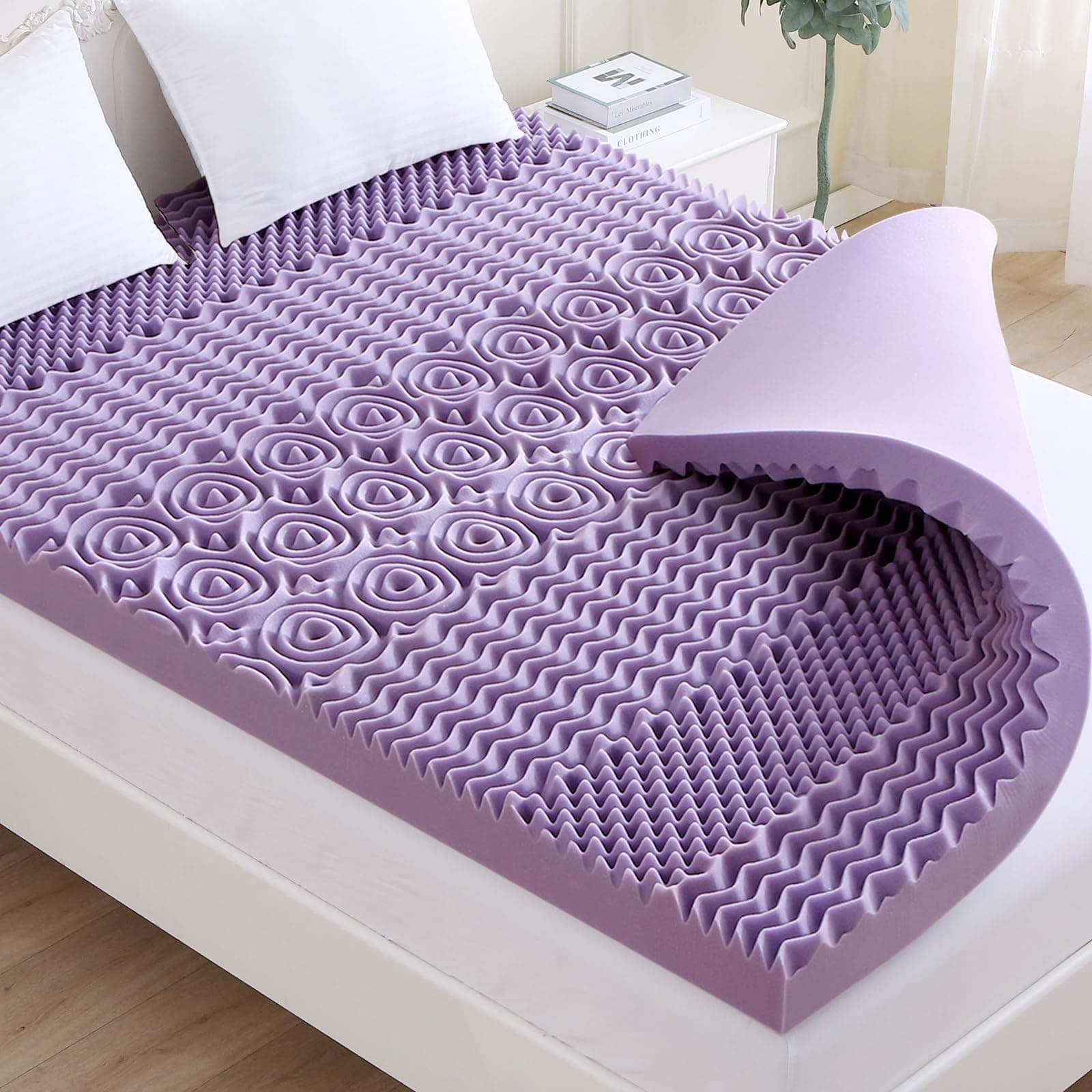 MUXHOMO 7-Zone Egg Crate Foam Mattress Topper, King Size, Back Pain Relief, Lavender Cooling Gel