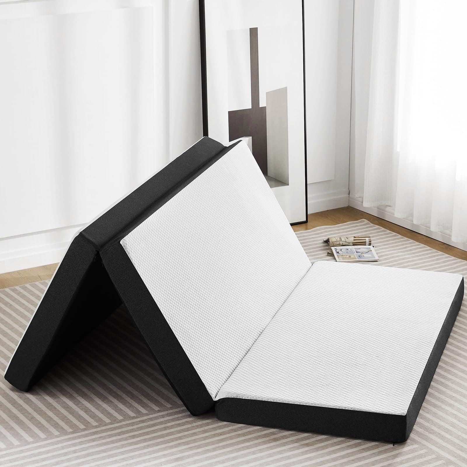 Sweetcrispy 4 Inch Tri-Fold Memory Foam Mattress Topper, White - Queen Size